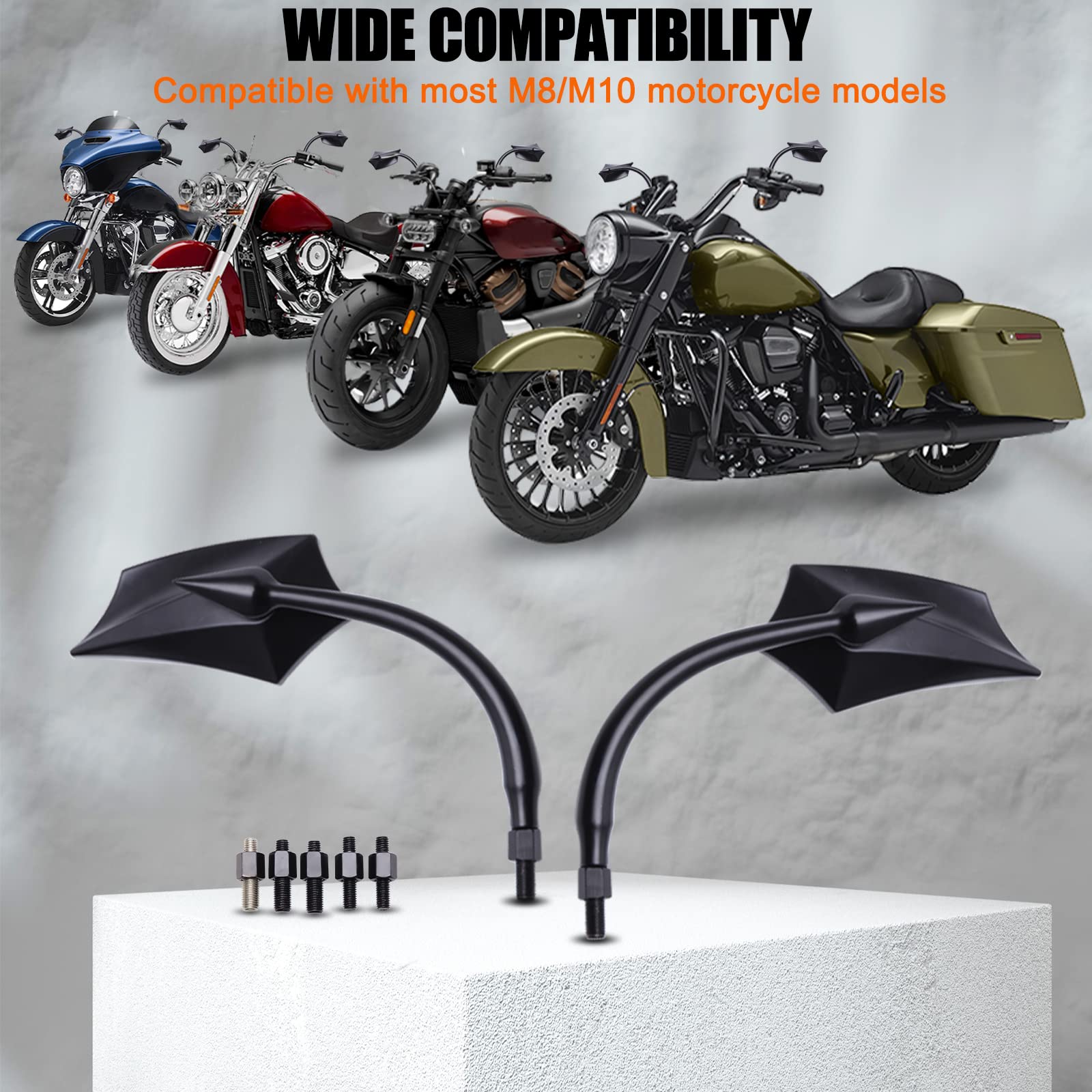 Dreamizer Universal 8Mm/10Mm Black Irregular Shape Motorcycle Rear View Mirrors Compatible With Compatible With Harley Cruisers Sportster Softail Touring Road King