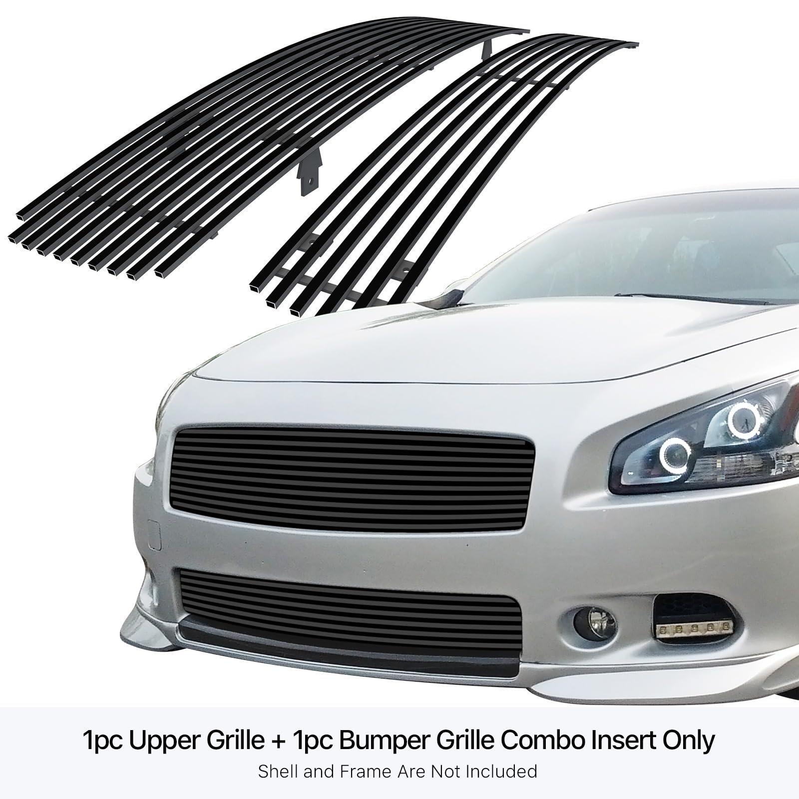 Aps Compatible With Nissan Maxima 2009-2014 Stainless Steel Black 8X6 Horizontal Billet Grille Insert Combo N87774J