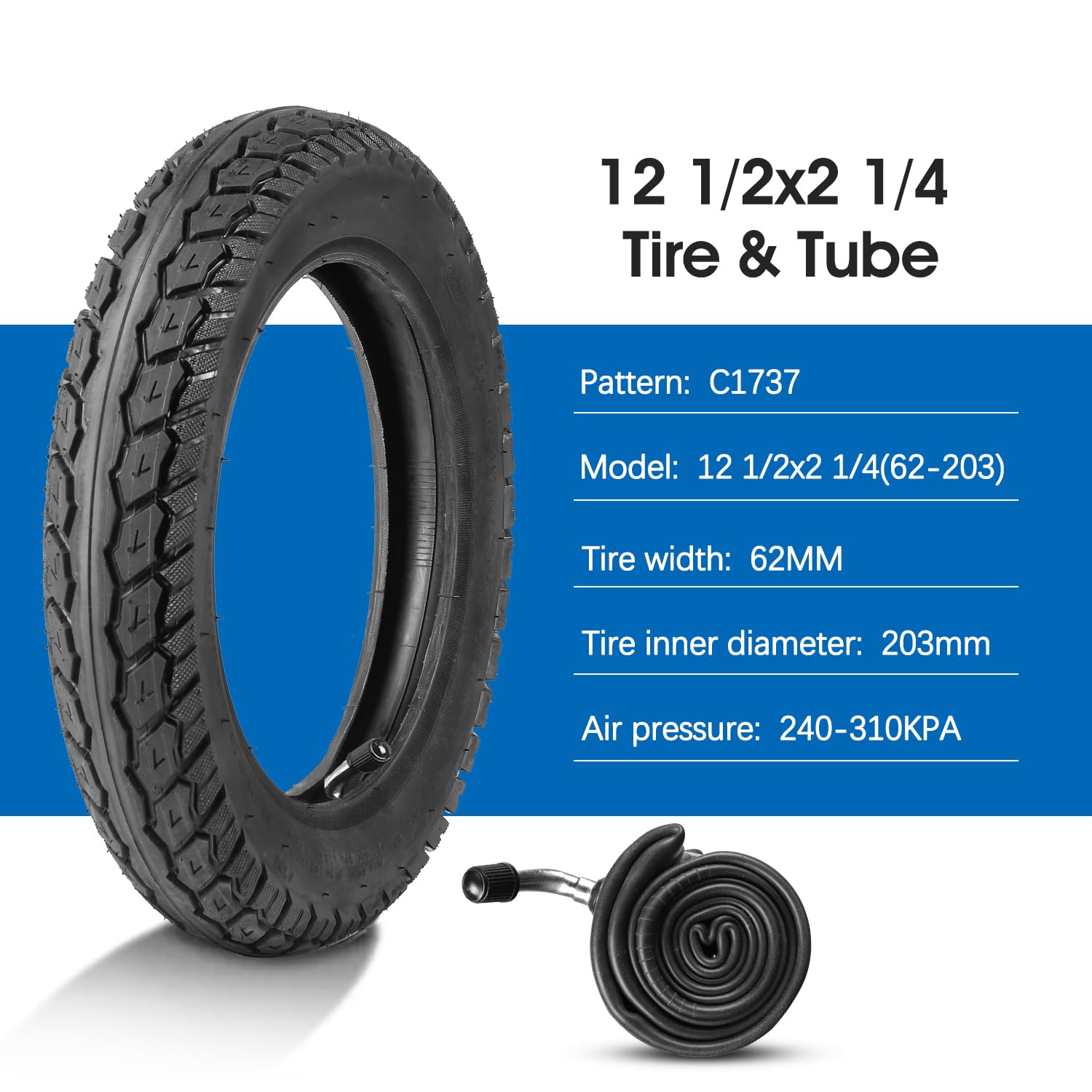 Heavy Duty 12.5X2.25 (12-1/2 X2-1/4) Tire & Inner Tube Set With Angled Valve Stem For Electric Scooters Razor Pocket Mod, Currie