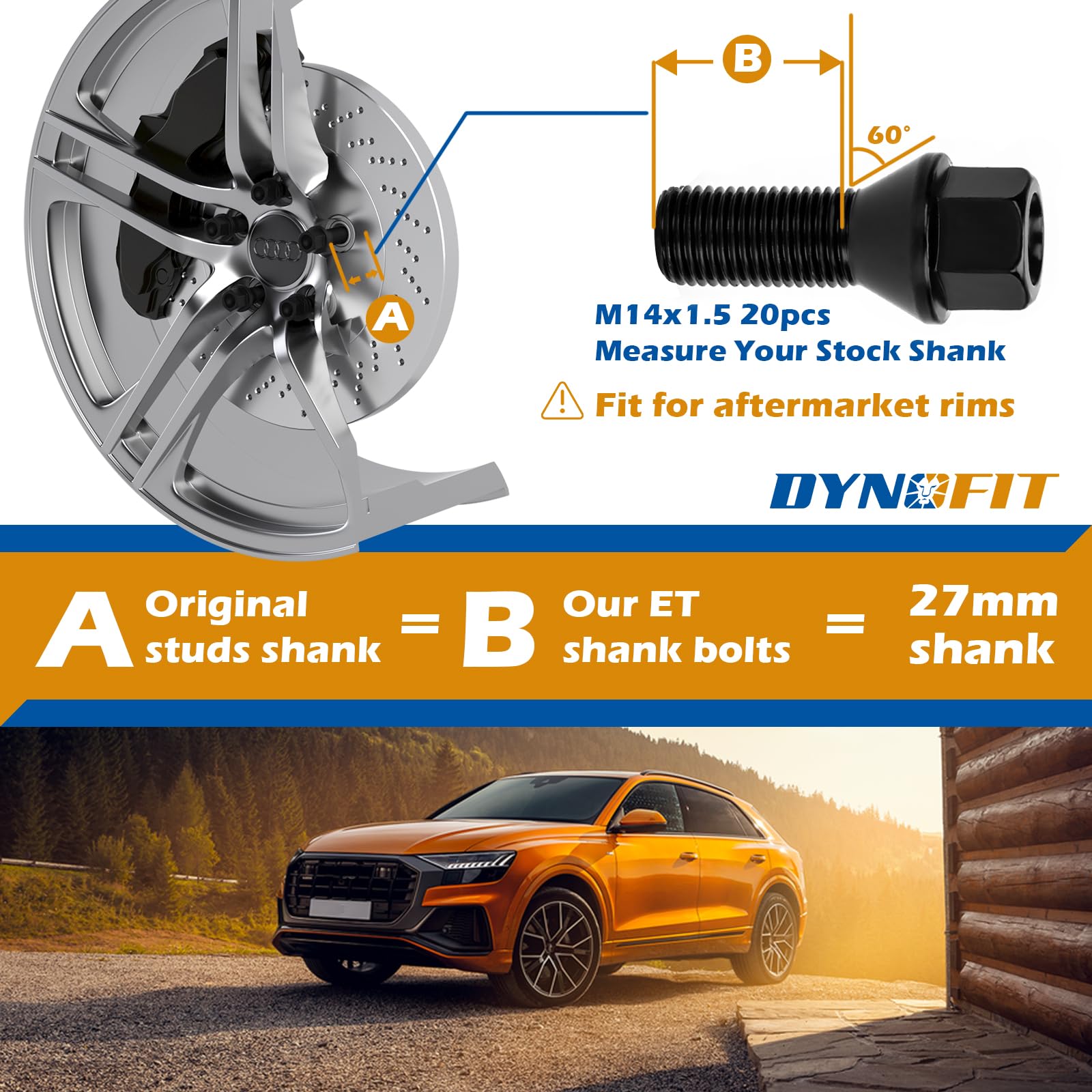 Dynofit 14X1.5 27Mm Shank Aftermarket Lug Bolts, 20Pcs Solid Black Conical Seat Studs For A1 A2 A3 A4 A5 A6 A7 A8 S1 S2 S3 S4 S5