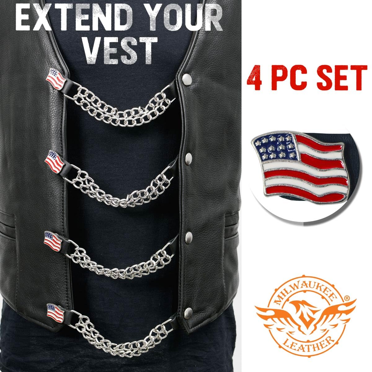 Milwaukee Leather American Flag Medallion Vest Extender - Double Chrome Chains Genuine Leather 8.5'' Extension 4-PCS MLA6042SET