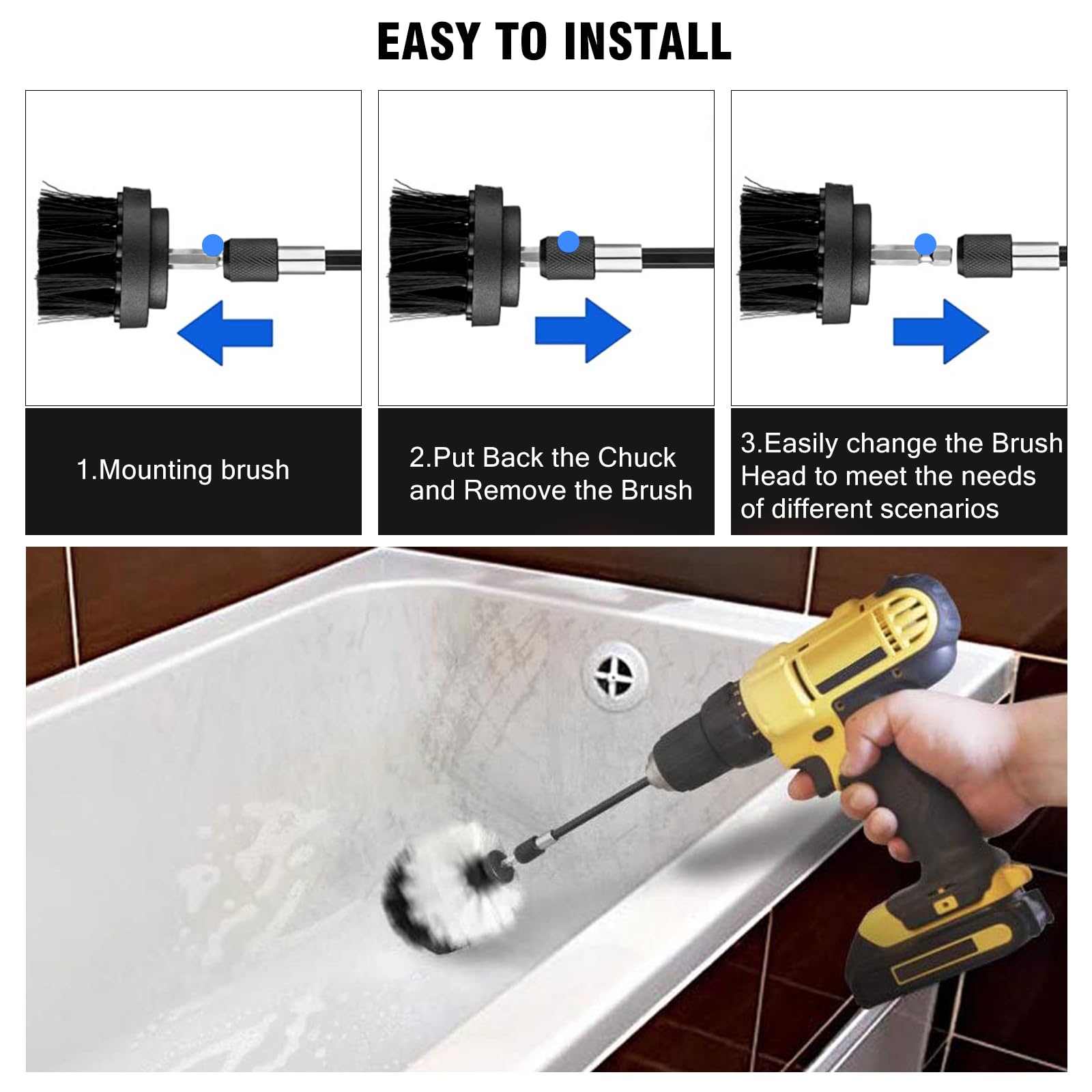 ETOUPA 8 Pcs Drill Brush Attachment Set, Power Cleaning Scrub Brush Kit with Extend Long Attachment, All Purpose Drill Scrub Bru