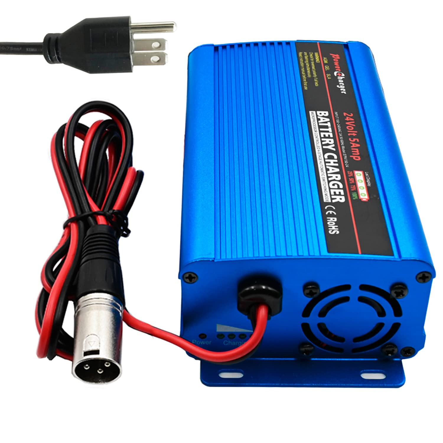 Unocho 24V Battery Charger Automatic Smart Charger 5A Trickle Charger And I/O Switch 3 Pin Xlr Connector Suitable For Charging Agm Gel Lead-Acid Batteries For Cars Wheelchairs Boats