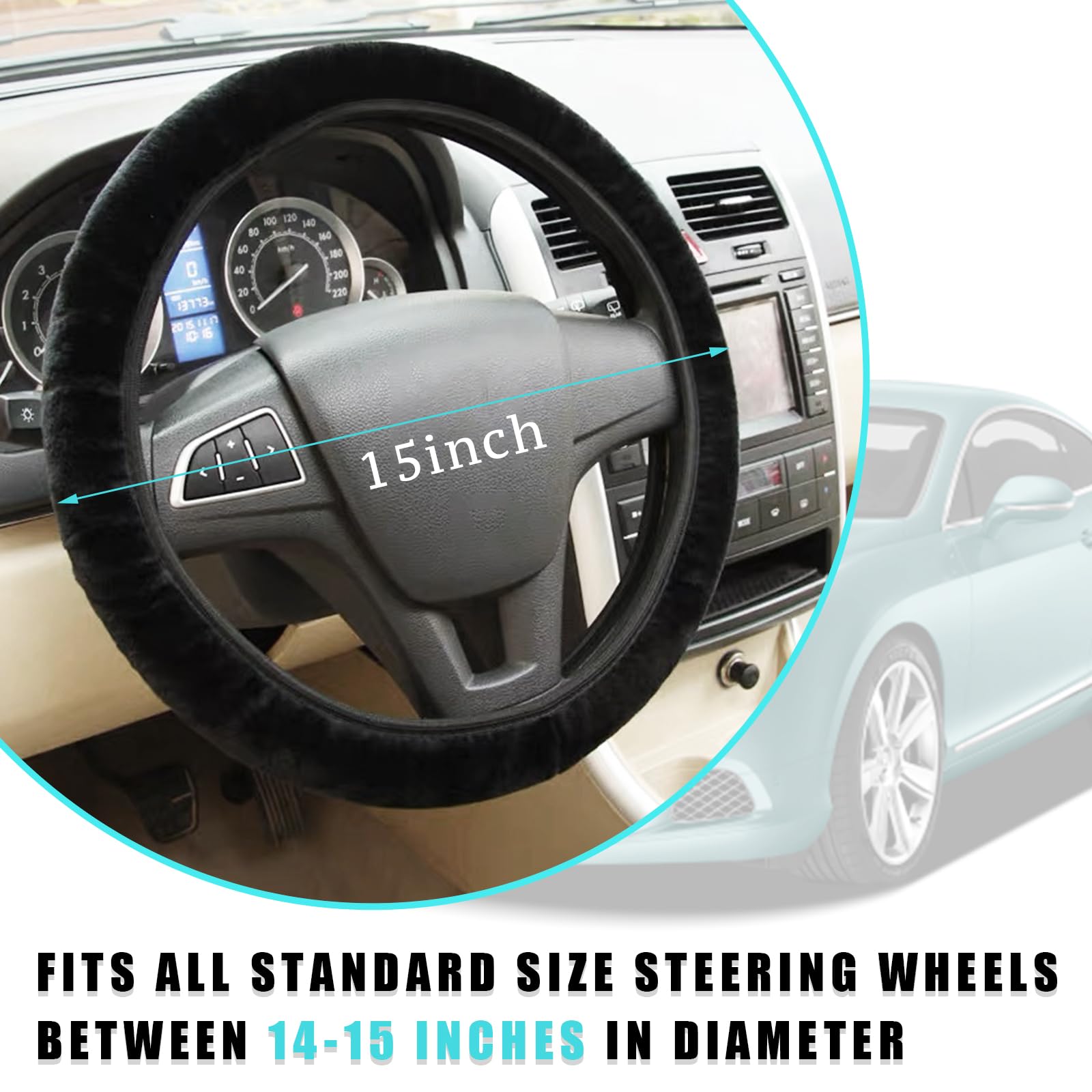 Ziciner Elastic Fuzzy Steering Wheel Cover, 15'' Soft Steering Wheel Protector For Warm Winter, Anti-Slip Fluffy Car Wheel Cover