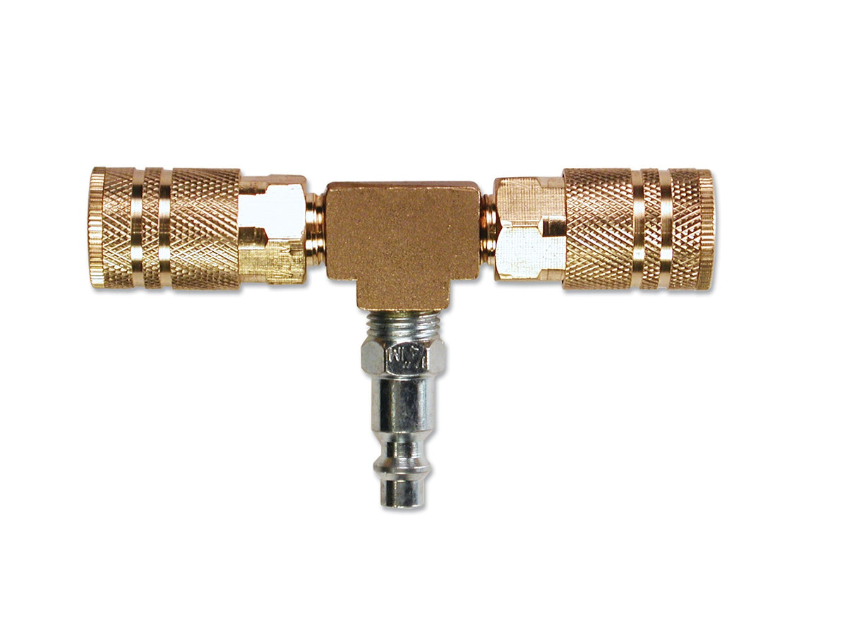 Primefit M1404-4 2-Way T-Style Air Manifold With Industrial 6-Ball Brass Couplers, 1/4''