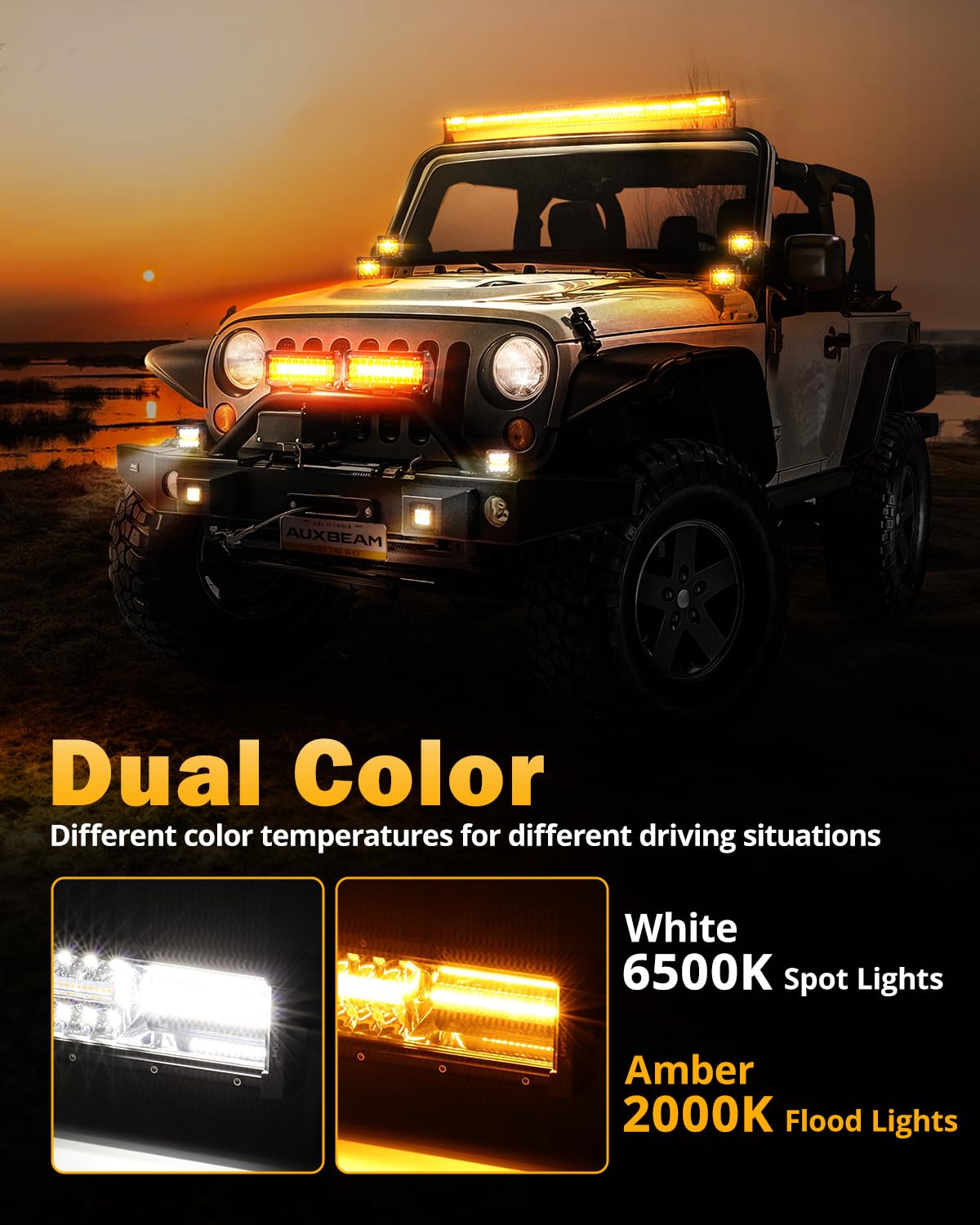 Auxbeam 6 Modes Amber White Series 22Inch 120W Led Light Bar Dual Color Strobe Light Spot Flood Combo Flashing Warning Signal Of