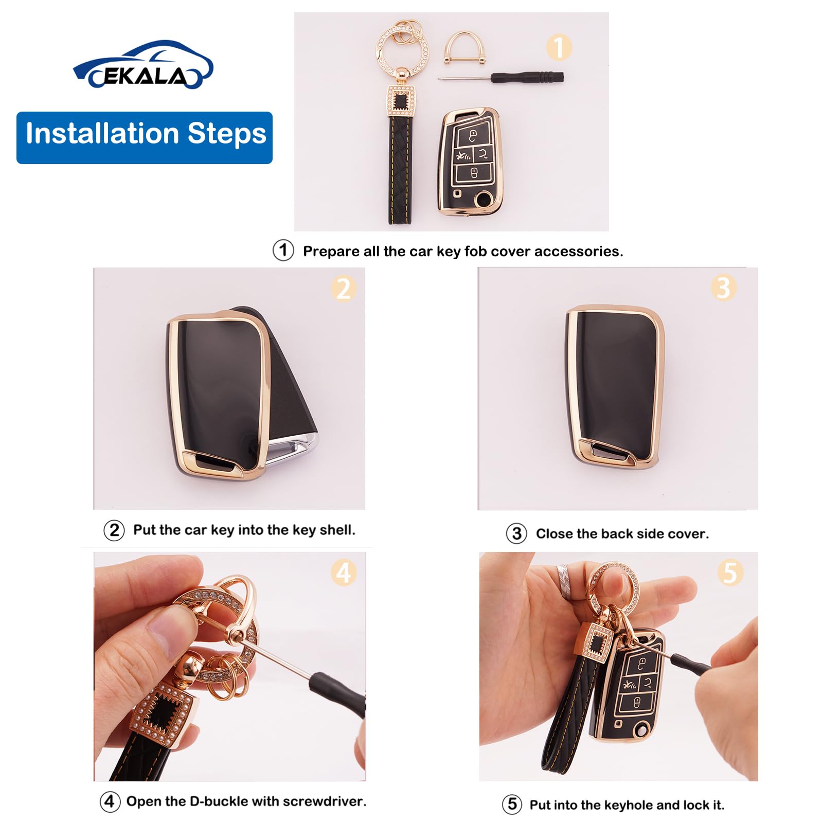 Ekala Car Key Case Fit For Vw Volkswagen Golf Gti Golf Alltrack Altas Tiguan Jetta 4 Buttons Flip Folding Key Case Cover Soft Tpu Key Shells With Leather Keychain Lanyard Black Gold (Bp-Vlw-4B)