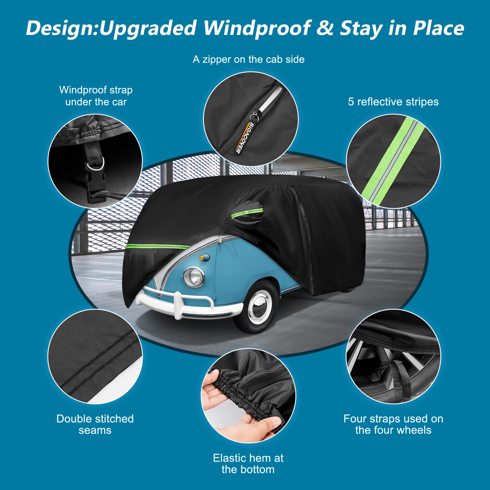 Car Cover for 1950-1992 VW Bus T1 T2 T3, Waterproof 420D Oxford Cloth Cover Outdoor Full Car Covers with Zipper Windproof Heavy