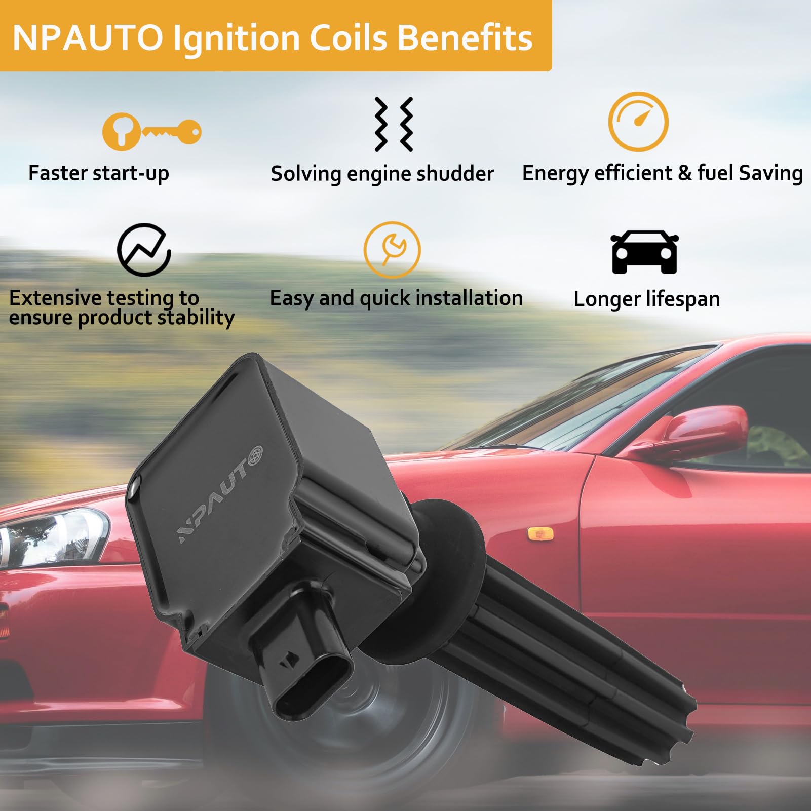 Ignition Coil Pack Set Of 4 Fit For 2.0 2.3 Turbo 2013 2014 2015 2016 2017 2018 2019 Ford Escape, Ford Focus, Ford Fusion, Ford Explorer, Ford Edge Mustang Taurus, Lincoln Mkt Mkc, Ecoboost, Uf670