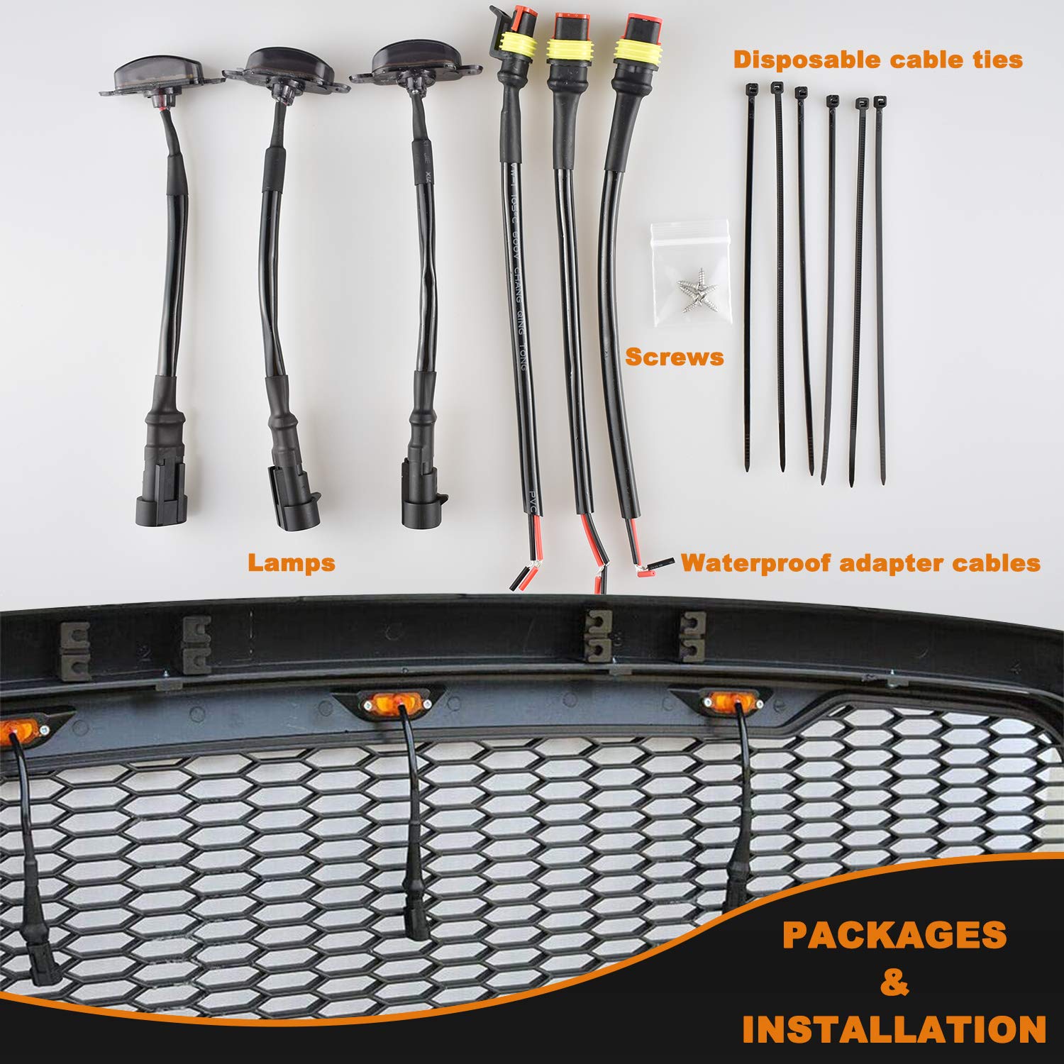 Boigoo Front Grilles Marker Lights 3Pcs 4Led Compatible With Dodge Ram 1500 2013-2018 & Ford F-150 Raptor 2004-2019, Decorative Cars Grid Grilles (White - White Lens)