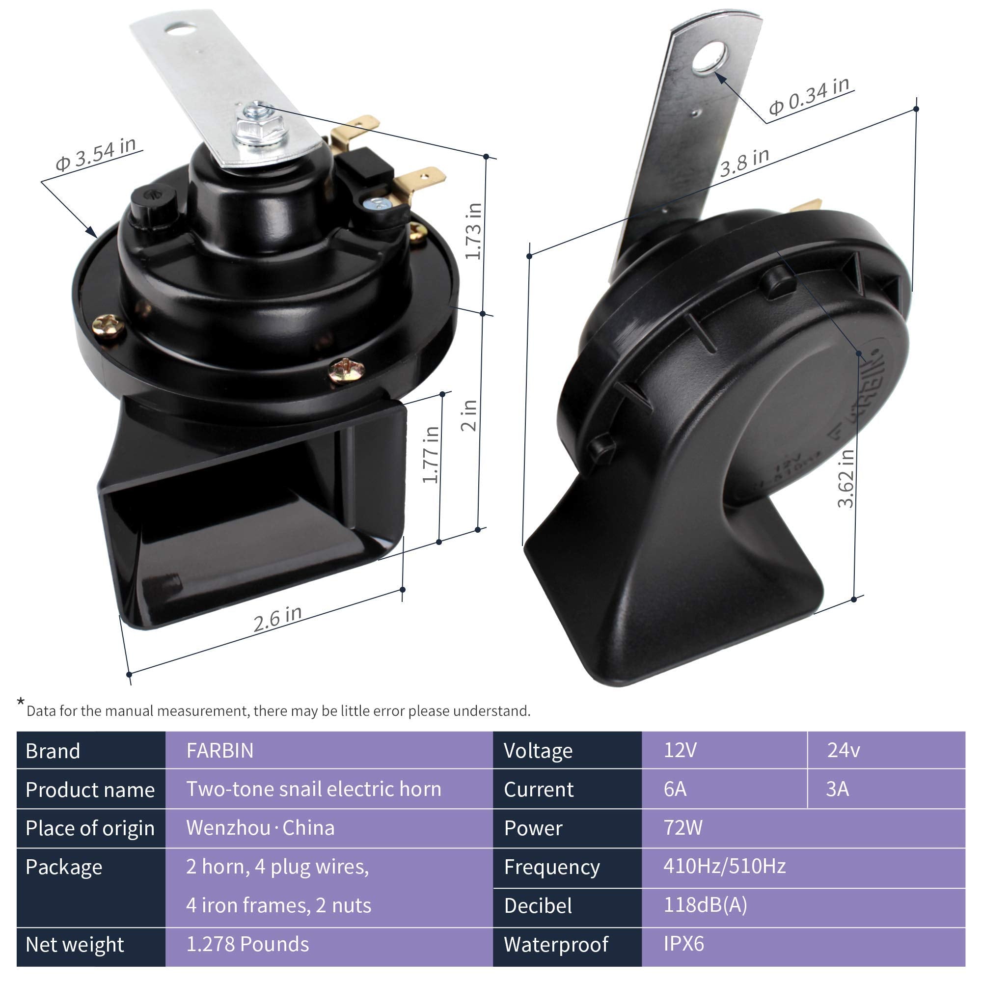 Farbin Horn 12V Car Horns Loud Dual-Tone Waterproof Auto Horns Electric Snail Horn Kit With Relay Harness And Switch Button,Univ