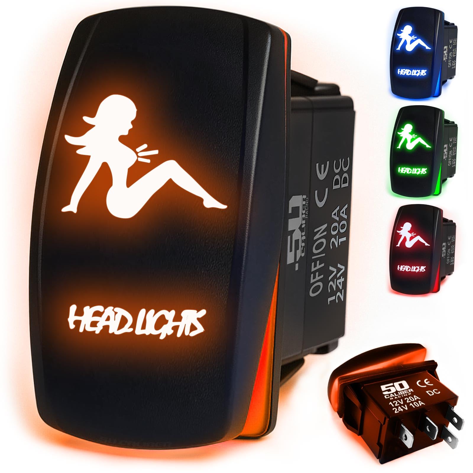 50 Caliber Racing Rocker Switch On/Off Led Backlit -Headlights- Utv, Auto, Boat 20A 12V (5362A25 Orange)