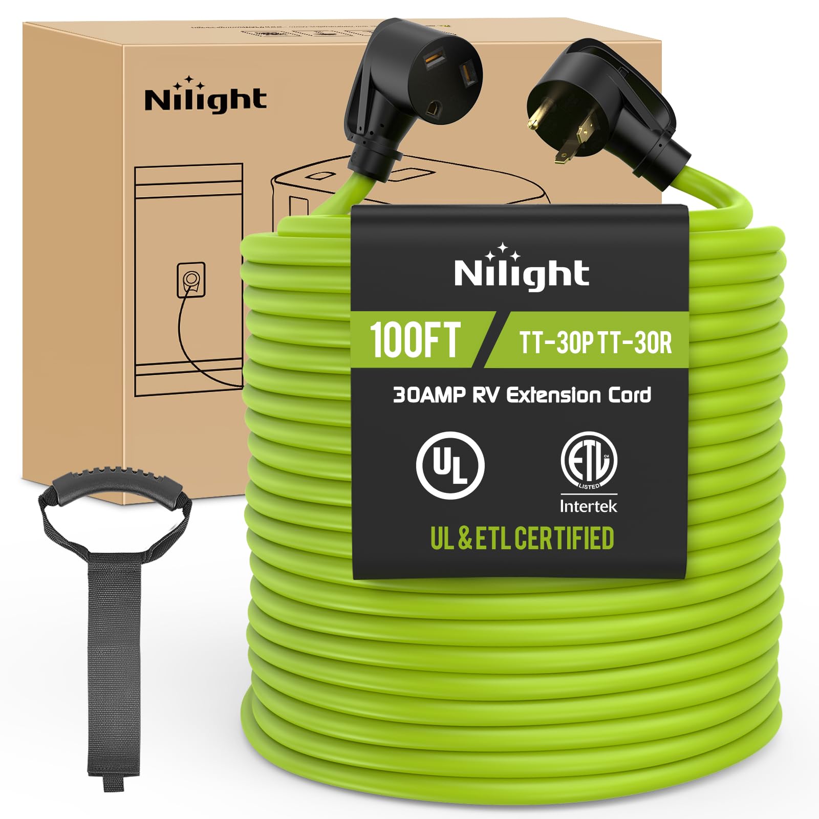 Nilight 100Ft 30 Amp Rv Extension Cord 125V Heavy Duty 10/3 Gauge Pure Copper Stw Wire Ul Etl Listed 3 Prong Tt-30P Tt-30R Weath