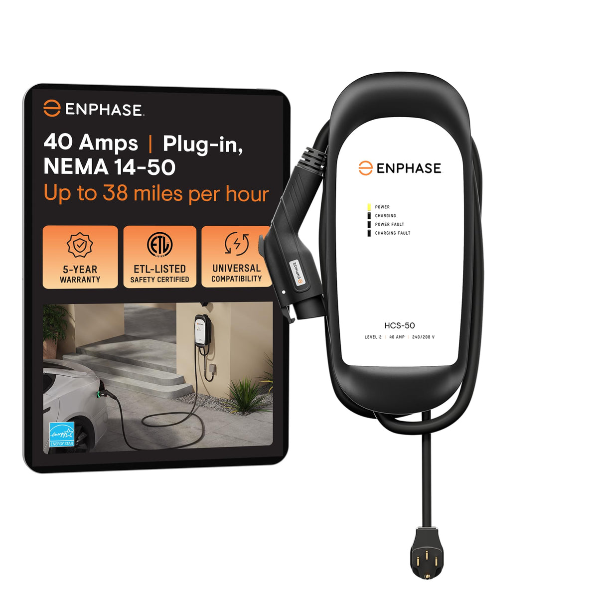 40 Amp Plug-In Ev Charger, Enphase Hcs-50, Nema 14-50 Plug, Level 2, 240V, 9.6Kw, 5-Year Warranty, 25 Ft Cable, J1772 Ruggedized