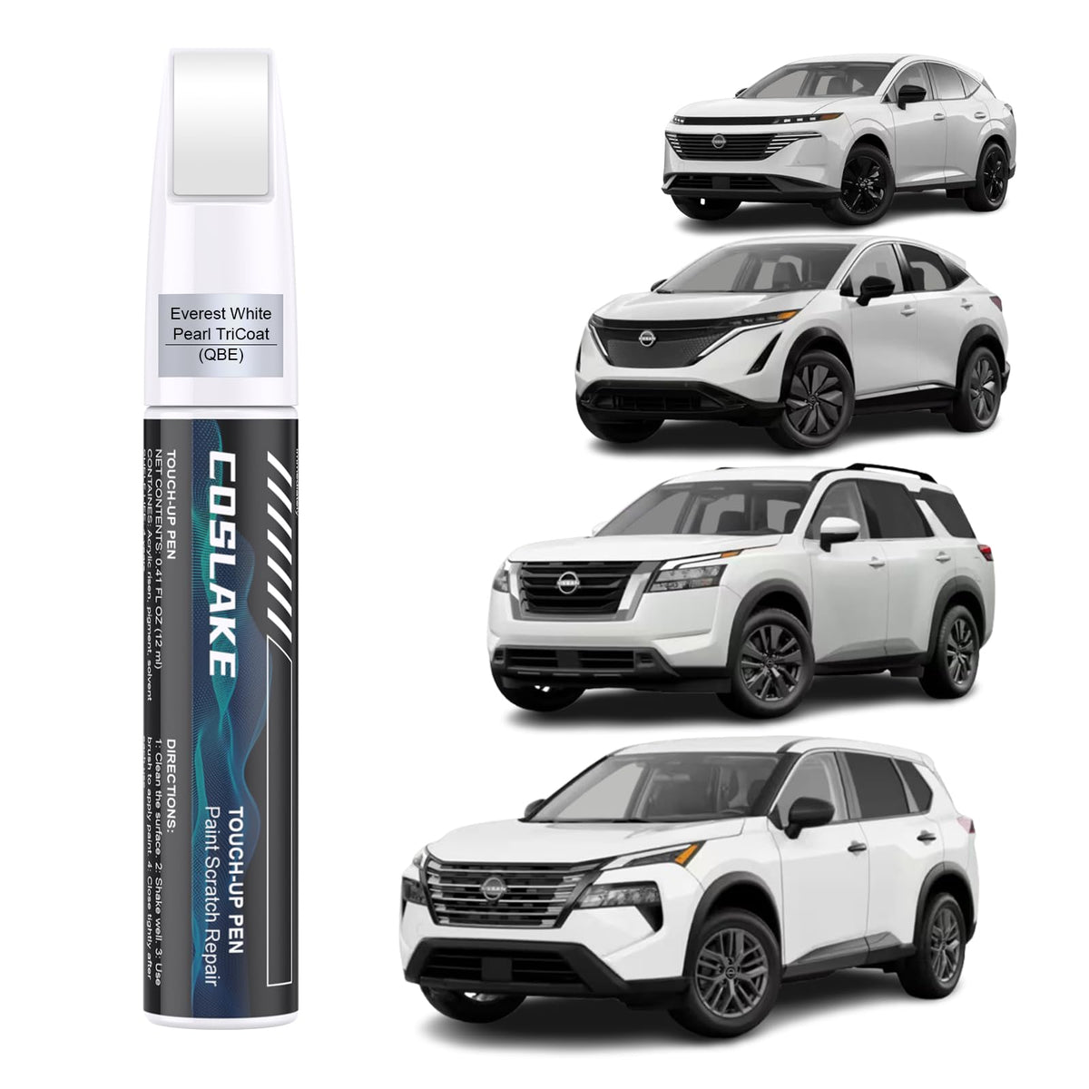 COSLAKE Car Touch Up Paint(Everest White Pearl TriCoat(QBE)) for Nissan, Car Paint Scratch Repair Kit, Quick & Easy Solution to 