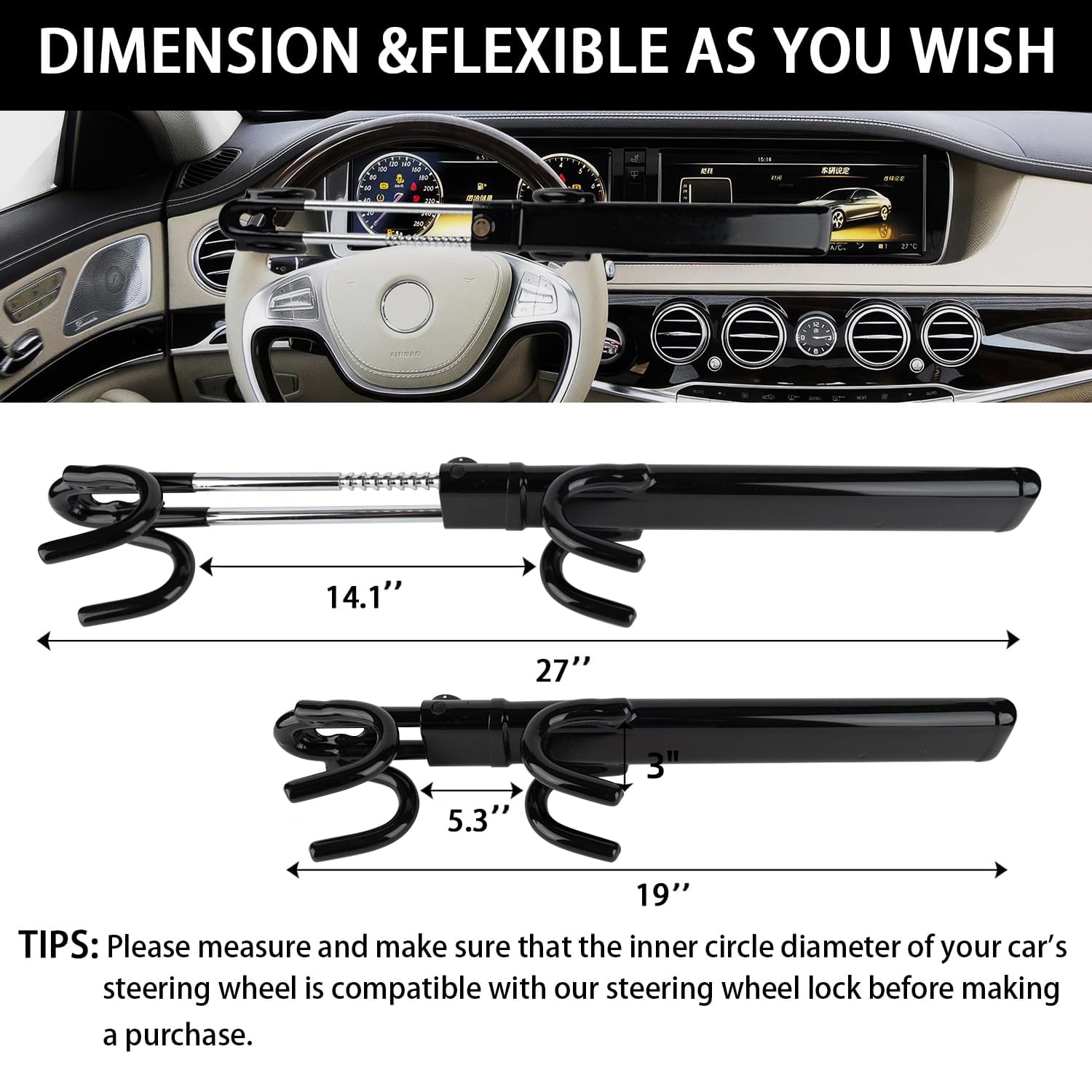 Knfrxo Steering Wheel Lock For Car Universal Adjustable Length Anti-Theft Device Car Locks Double Hook Locks For Car Suv Pickup