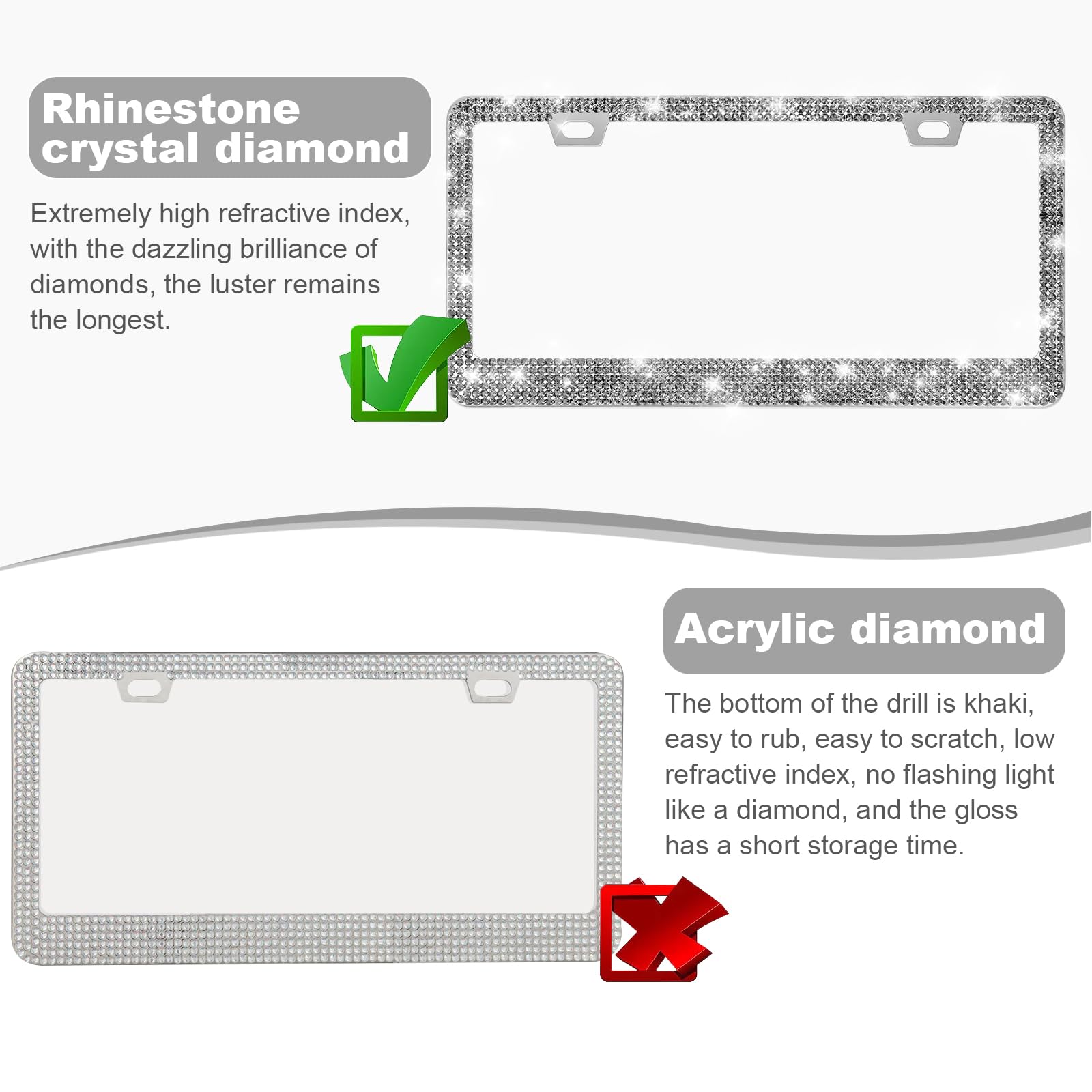 Quanqiufei 2 Pack Bling License Plate Frames For Women, Sparkly Rhinestone Diamond Car Accessories With Glitter Crystal Caps (Gi