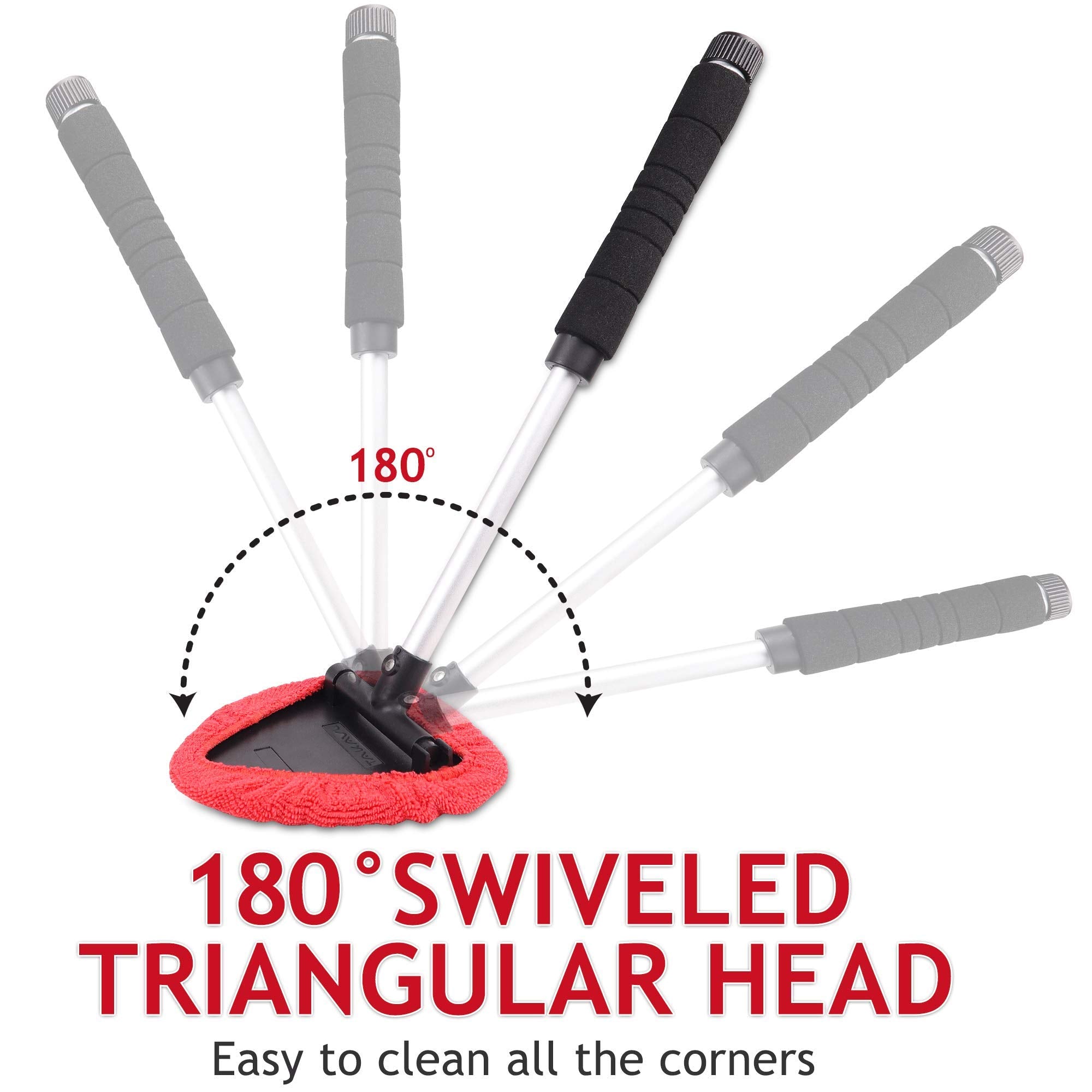 Windshield Window Cleaner Tool, Unbreakable Extendable Long-Reach Handle, Unique Pivoting Triangular Head, 3 Washable Reusable Microfiber Bonnets, Car & Home Inside Interior Exterior Use - Lint Free