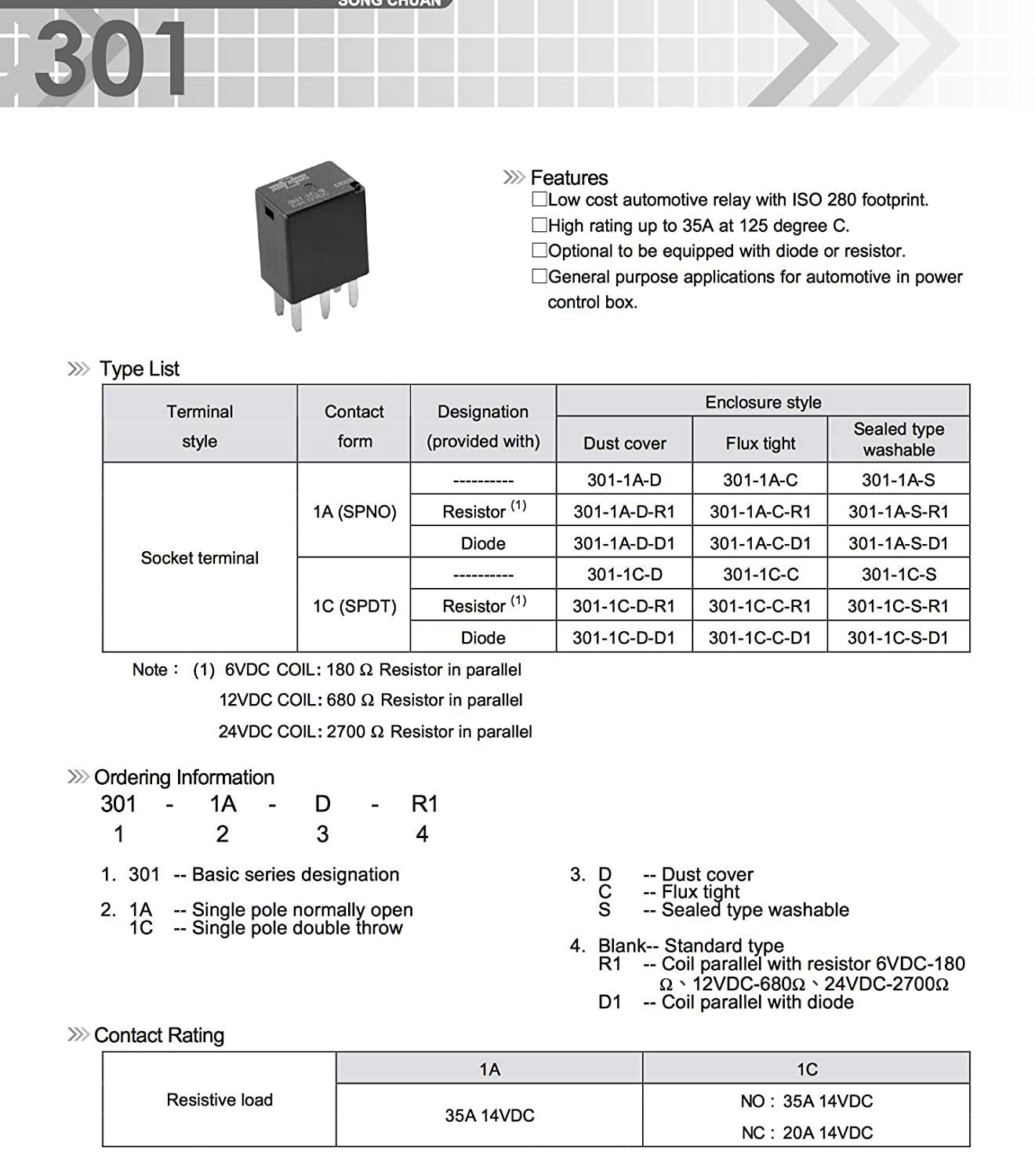Automotive Purpose Relays 301-1C-C-R1-U01-12Vdc 5 Pin (4Pack)