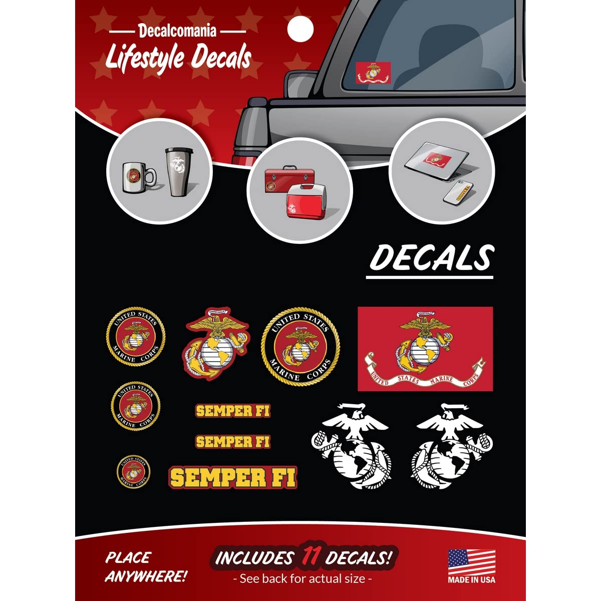 United States Marine Corps - 11 Piece Usmc Licensed Stickers For Car Truck Windows, Phones, Tablets, Laptops - Large Military De
