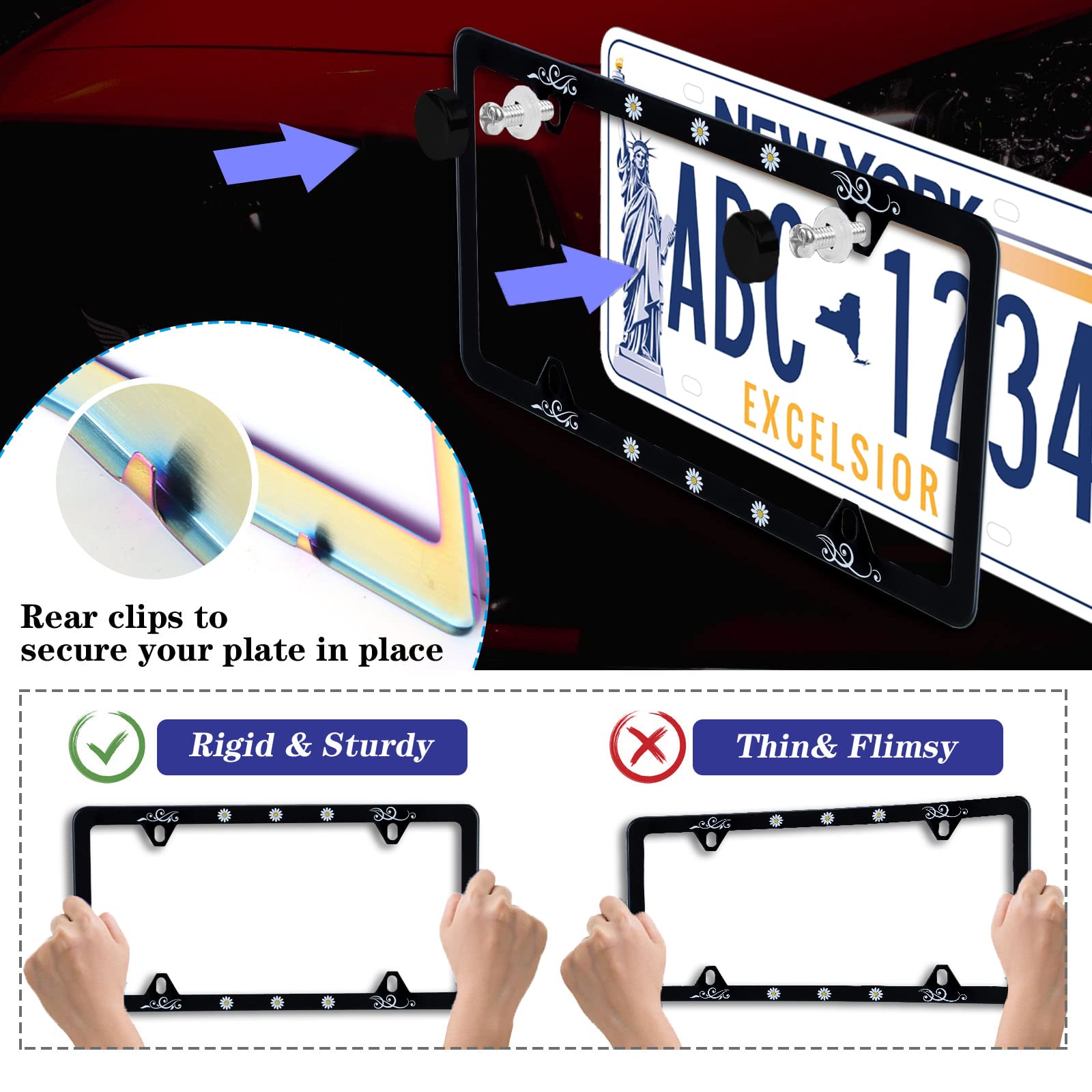 ?2Pcs? Cute Daisy Flower Yellow Daisies Floral License Plate Frame Stainless Steel Car License Plate Frame Accessory Car Plate F