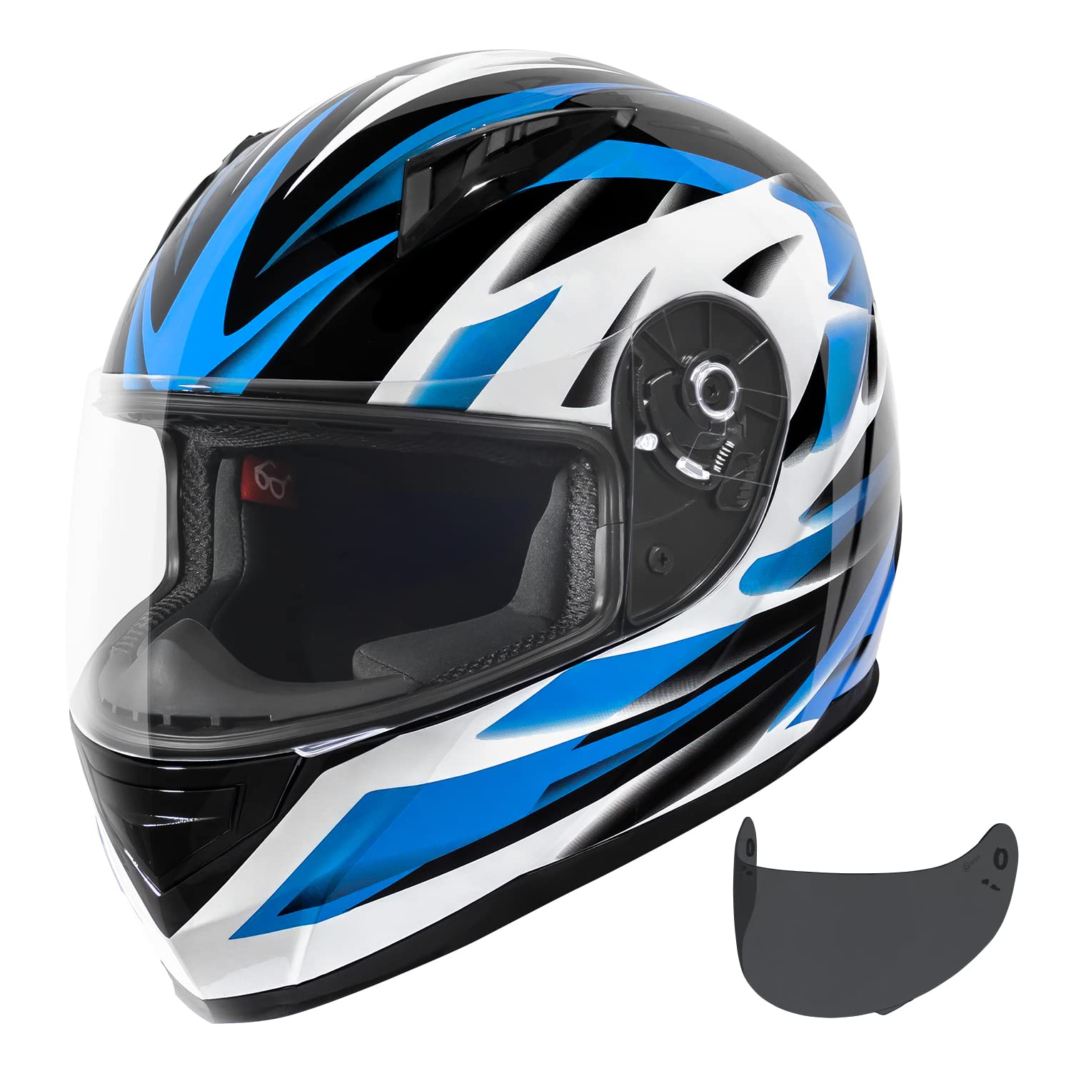 Vcan Vx Lightweight Full Face Motorcycle Street Bike Helmet With Extra Tinted Visor Dot Approved (Gloss Black Stream Blue, X-Lar