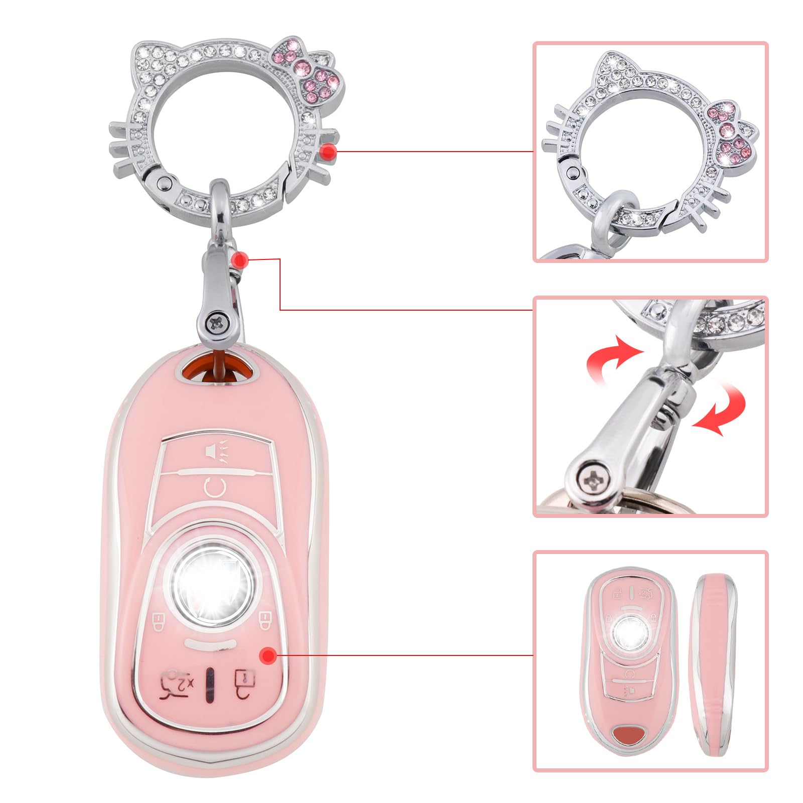 Pangpai Pink Key Fob Cover for Buick, Soft TPU Key Case Protection with Bling Keychain Fit for Buick Encore Enclave Lacrosse Env