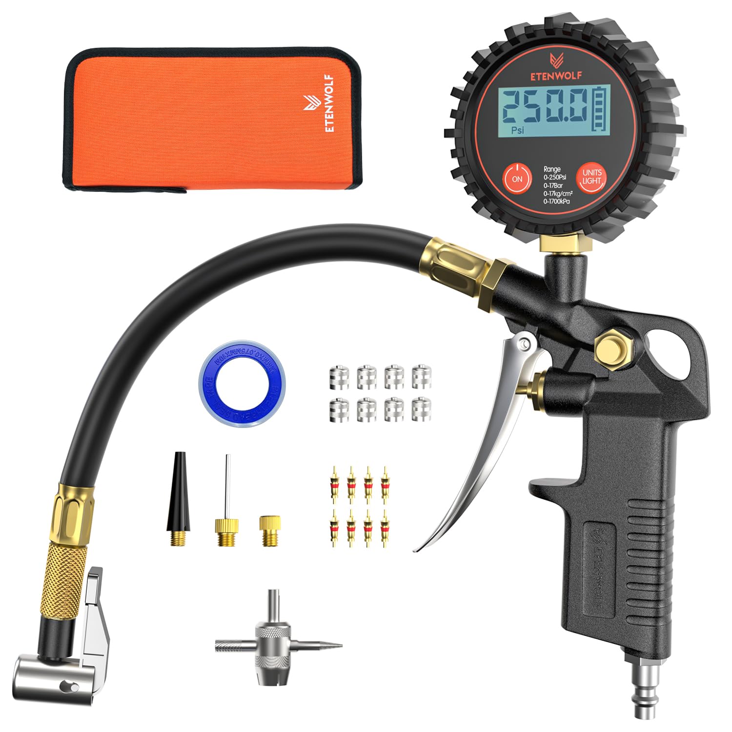 ETENWOLF T500 Digital Tire Pressure Gauge with Inflator, Tire Gauge 0-250 PSI, Calibrated to ANSI B40.7 Grade 2A, Air Chuck & Co
