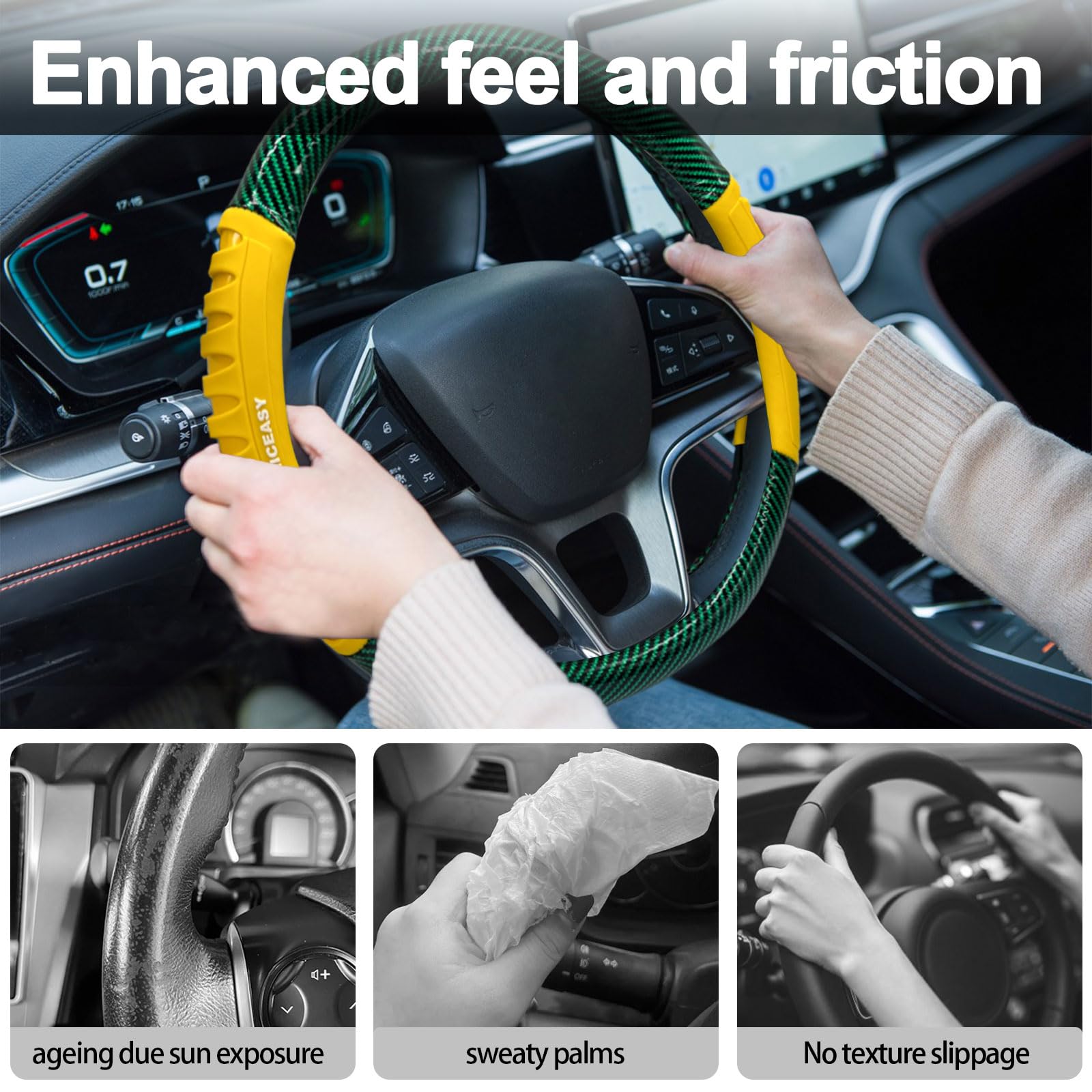NICEASY Sport Style Green PU Leather Steering Wheel Cover with Yellow Sport Grip Anti-Slip Breathable Steering Wheel Accessory U
