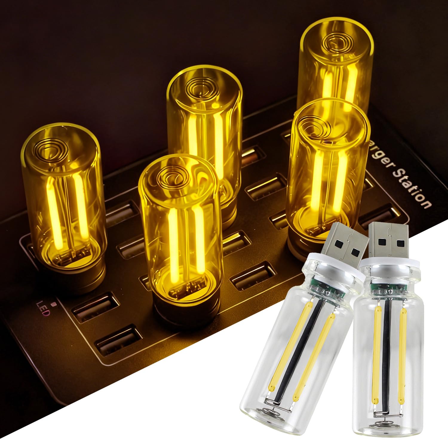 2 PCS USB Car Lights, Touch Dimmable Retro Mini Glass Bottle LED Ambient Night Light for Vehicle Interior, Bedroom, Hallway, Cam