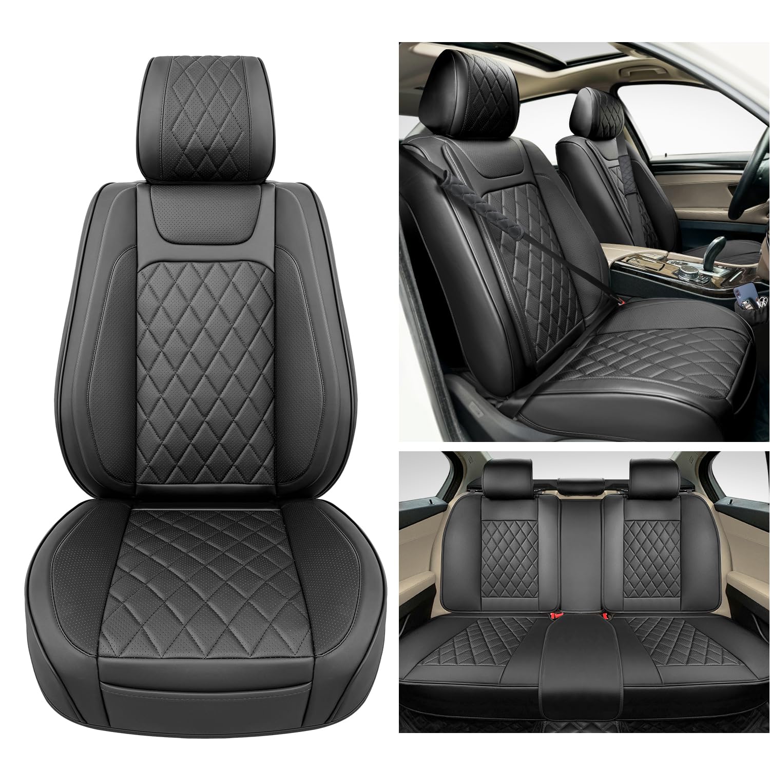 Beitk Leather Car Seat Covers Full Set,Unique Rear Design Easy To Install Car Seat Cover Protectors,Universal Full Surround Fron