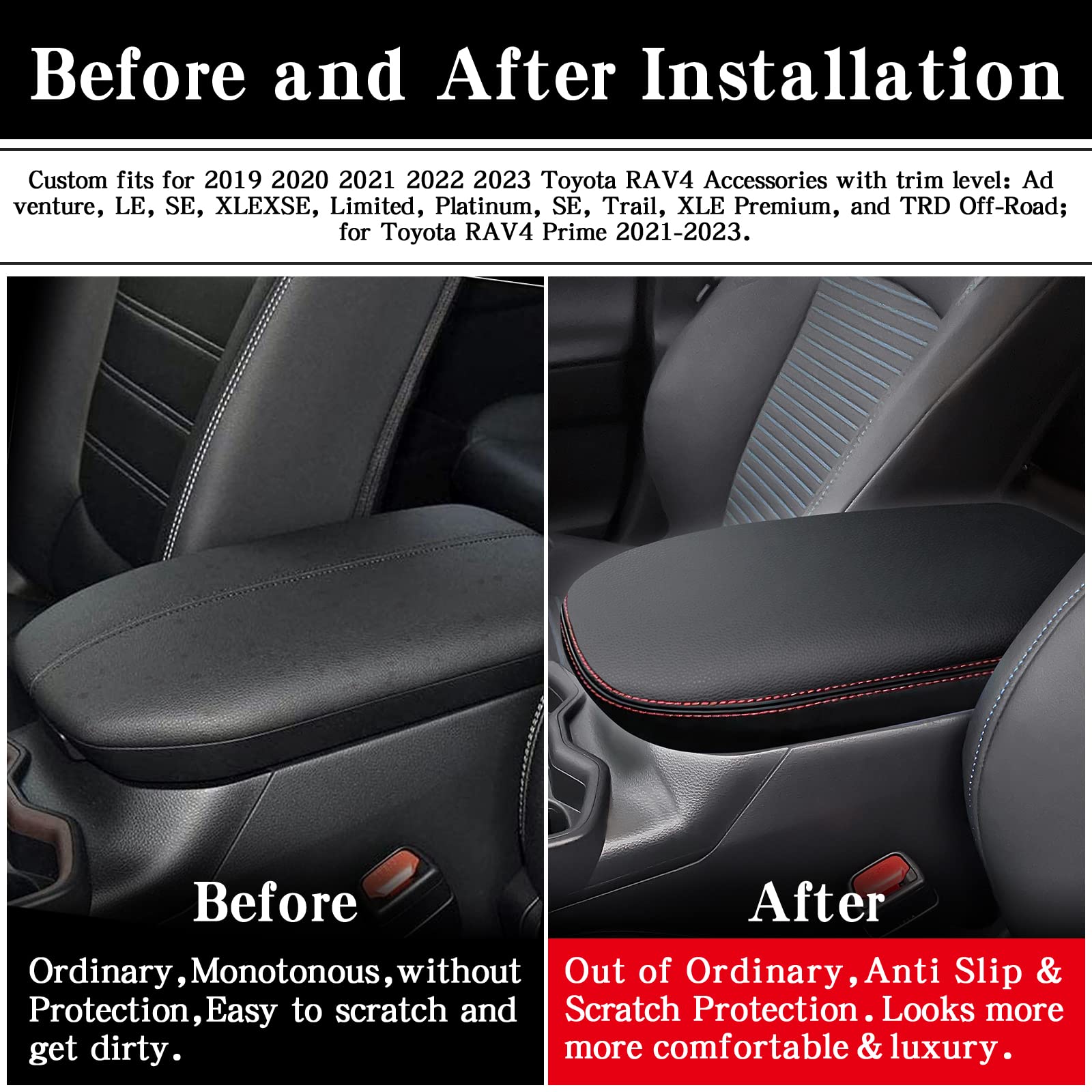 Auprite Center Console Armrest Cover For Toyota Rav4 2019-2023 2024, Auto Armrest Protector Organizer Pad For Rav4 Interior Accessories (Black With Red Stitches)