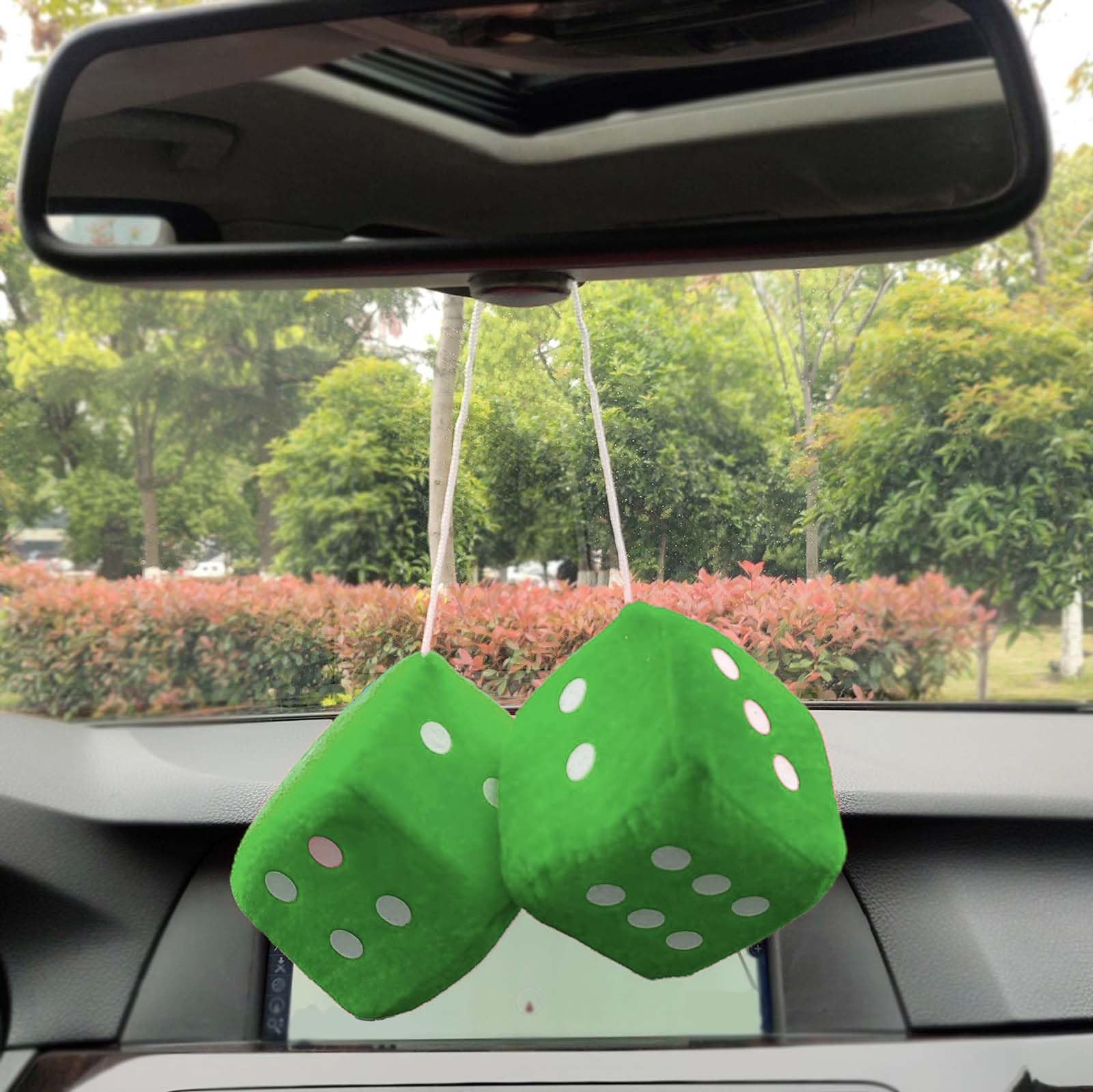 Pair 2.75    Green with White Dots Fuzzy Plush Dice Classic Vintage [Nostalgic 80s Fuzzy Car Dice for Mirror ] for Automotive In