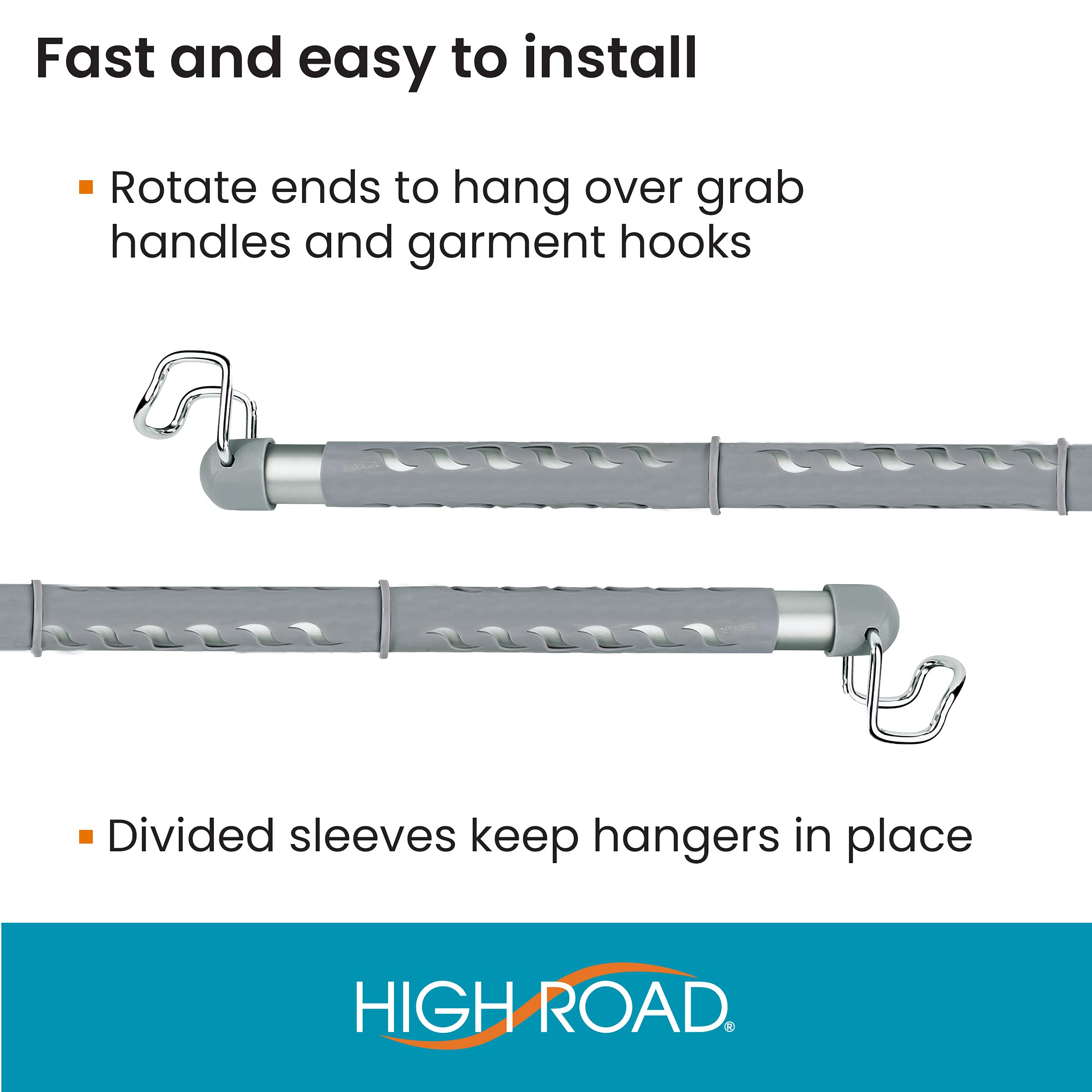 High Road Heavy Duty Car Clothes Hanger Bar, Steel with Rubberized Sleeve, Gray, Model HR-CLOTHESB-10, One Size