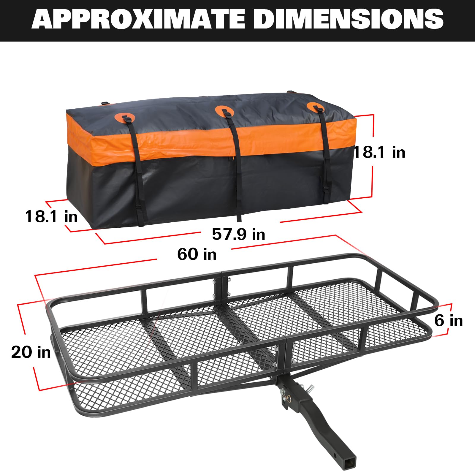 Weize Folding Hitch Mount Cargo Carrier Basket 60 X 20 X 6 With Waterproof Bag, Net, Strap, 2-Inch Folding Shank, 500 Lbs Capacity Hitch Rack, Steel Construction