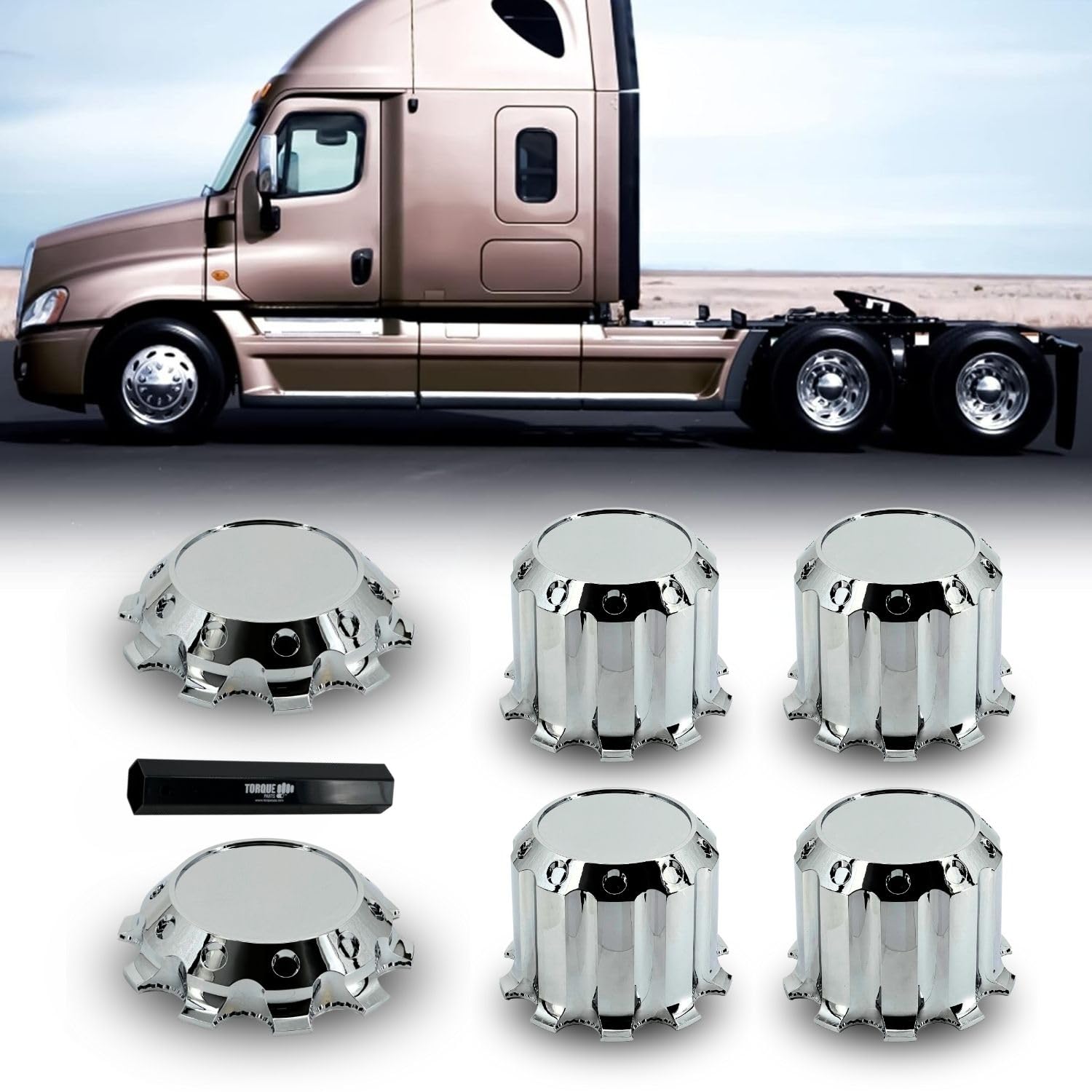 Torque Luxury Chrome Front And Rear Axle Complete Wheel Cover Set 33Mm Screw-On Lug Nut Covers For Semi Trucks (Installation Too