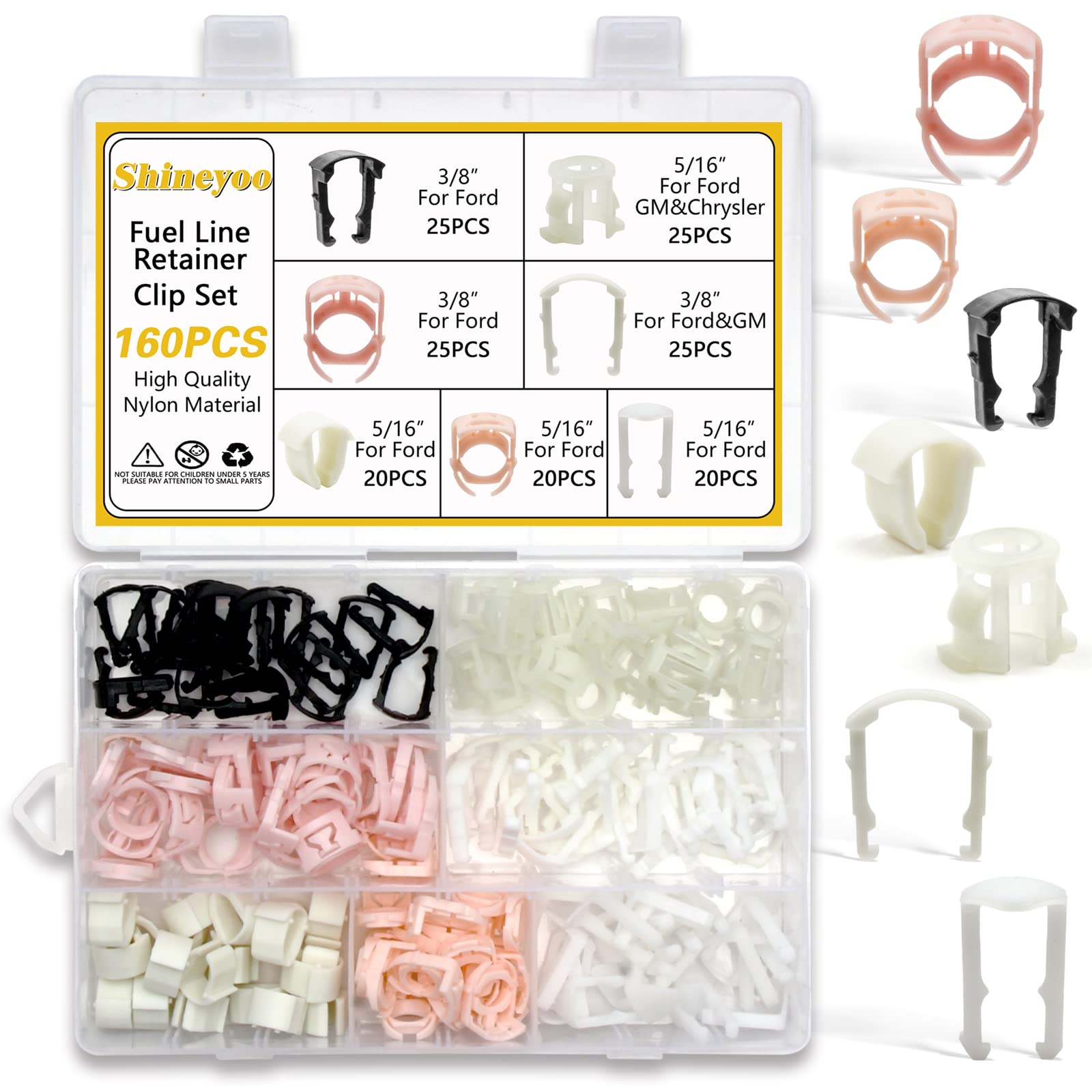 Shineyoo Fuel Line Retainer Clips 160Pcs, 3/8 & 5/16 Fuel Line Retaining Clip Assortment Kit For Ford Gm