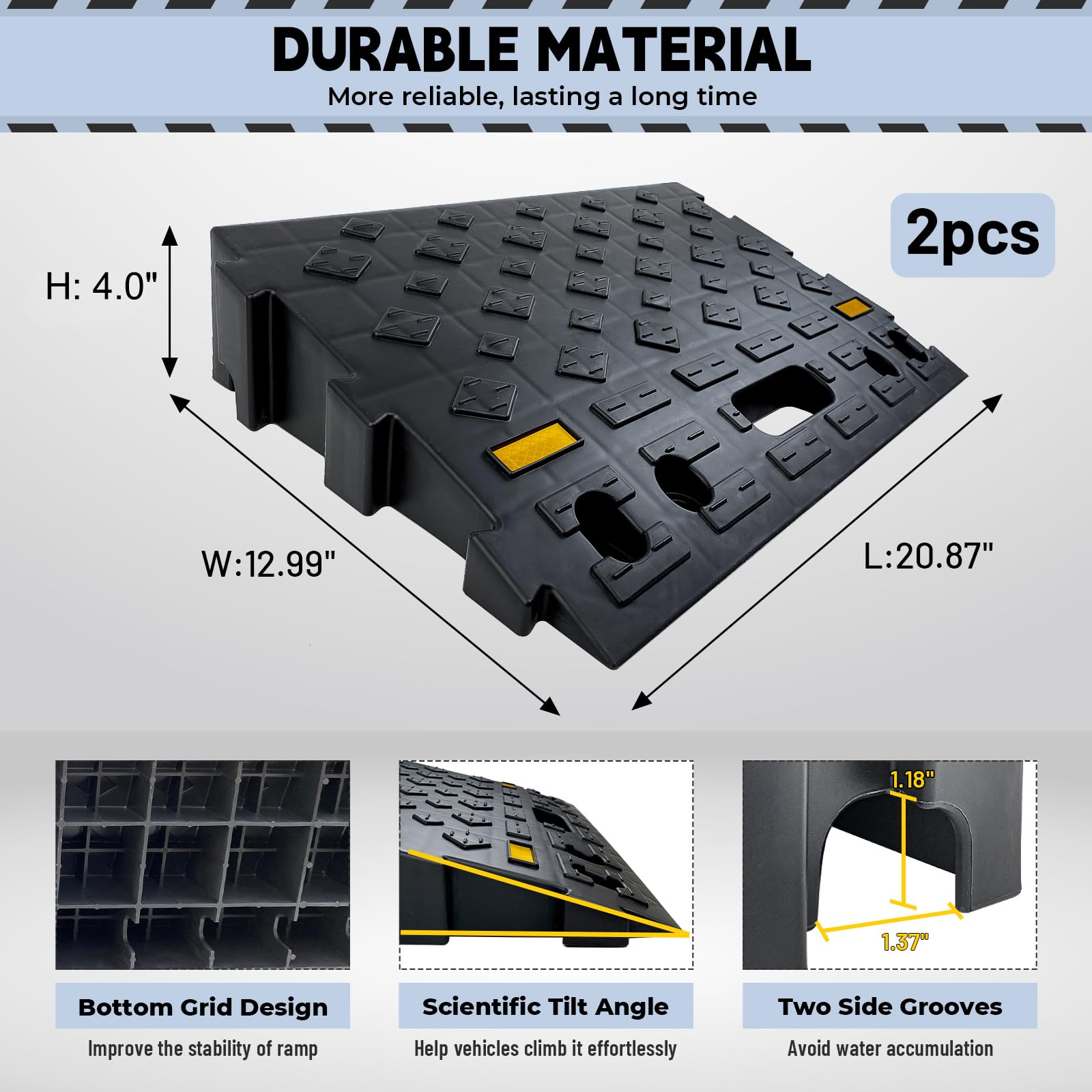 4'' High 2-Piece Portable Automotive Curb Ramp, Heavy-Duty Plastic Threshold Ramp Track Interlocking Step Ramp Structure 6600 Lb