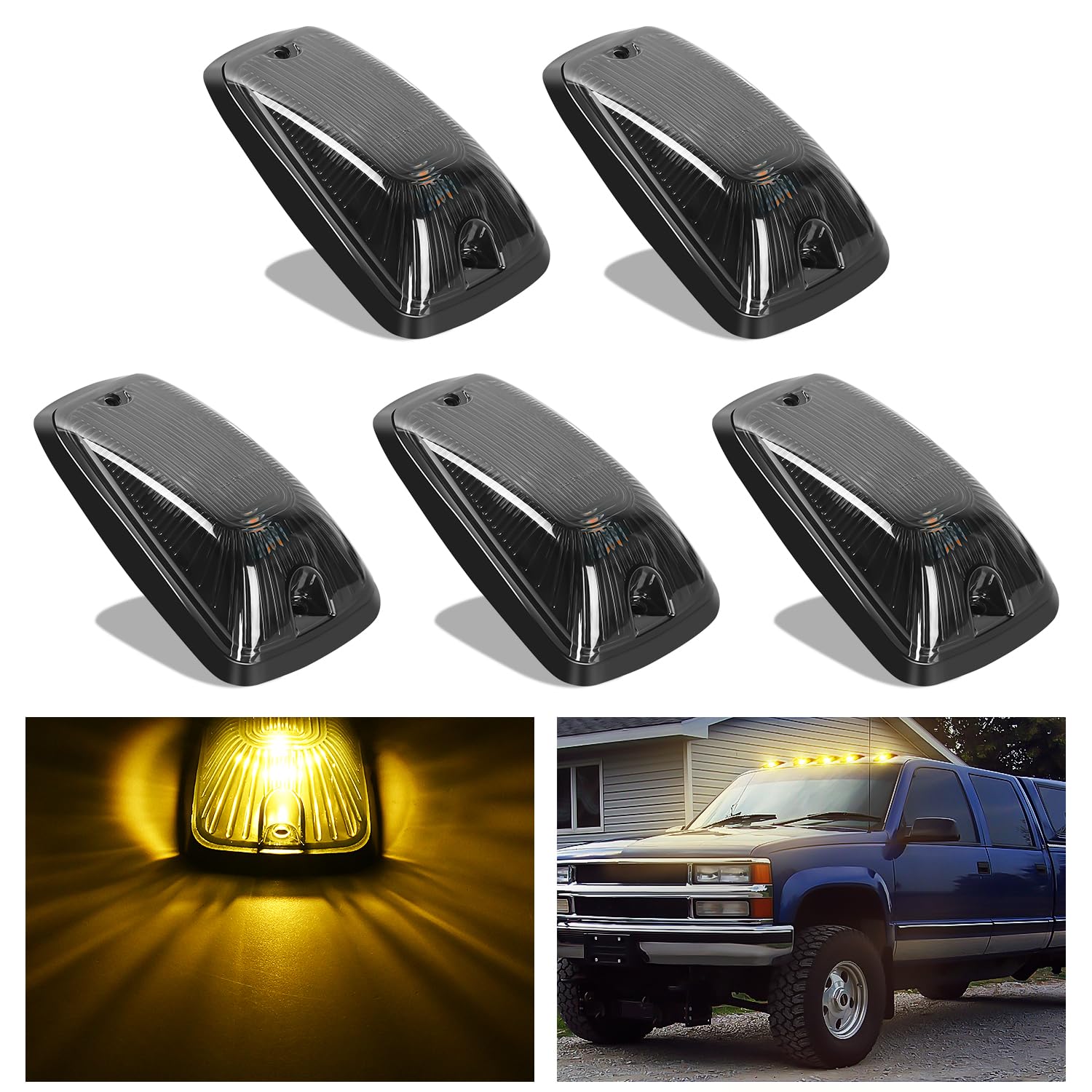 Nilight Led Cab Marker Lights 5 Pcs 5 Led Smoke Lens Amber Clearance Roof Running Light Compatible With 1988-2002 Gmc Chevrolet