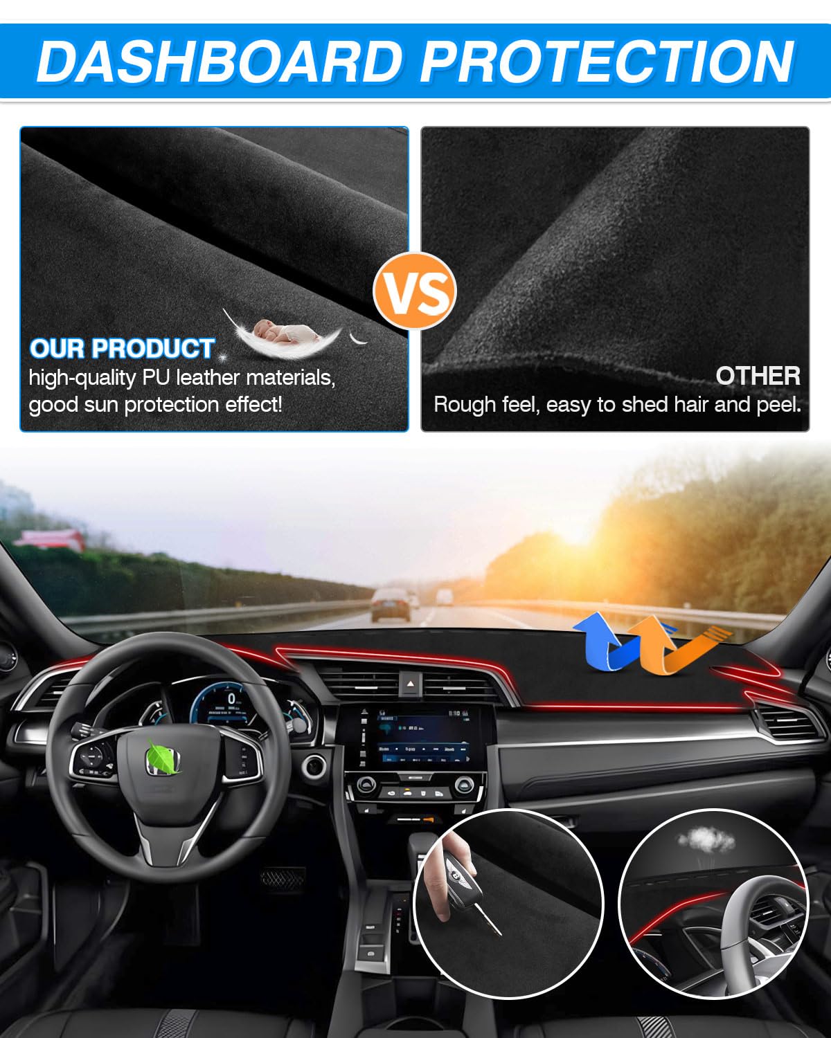 Cartist Dash Cover Fits For Honda Civic Coupe Sedan/Hatchback 2016-2021 Dashboard Cover For Civic Accessories Non-Slip Dash Mat