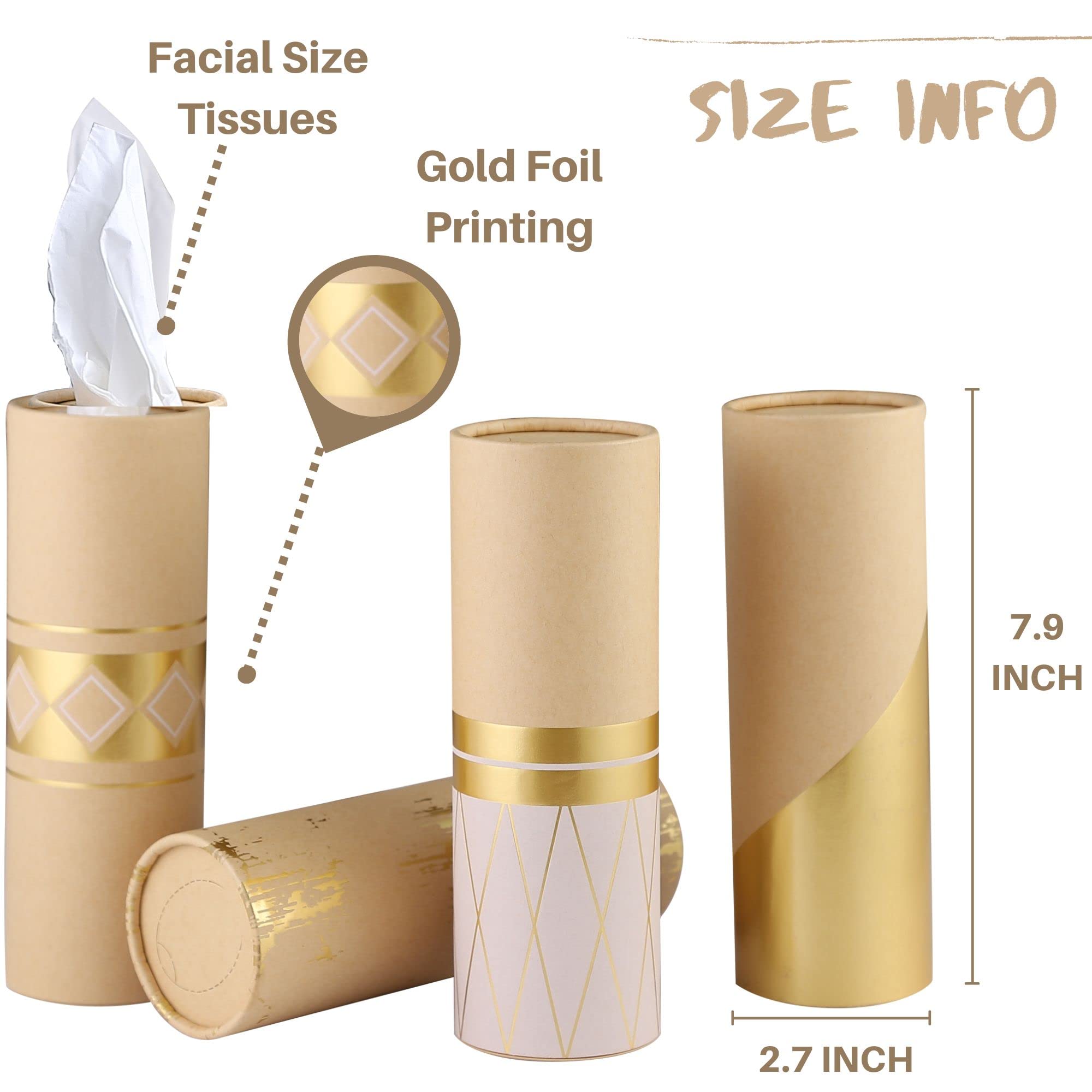 Car Tissue Holder With 3-Ply Facial Tissues Bulk - 4 Pk Gold Foil Cylinder, For Car, Travel Cup Holder, Refill Box Round Contain