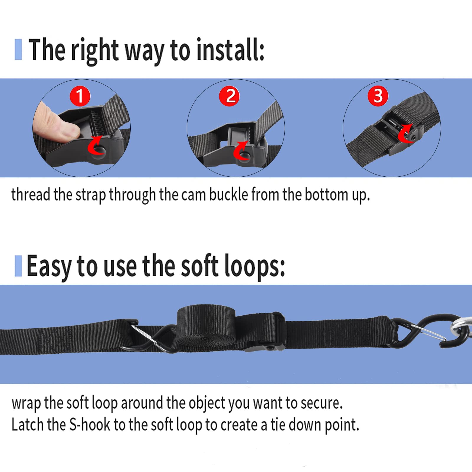 Motorcycle Handlebar Tie Down Straps, Dirt Bike Straps, Short Cam Buckle Tie Down Straps with S Hook and Soft Loops for Boat, Ka