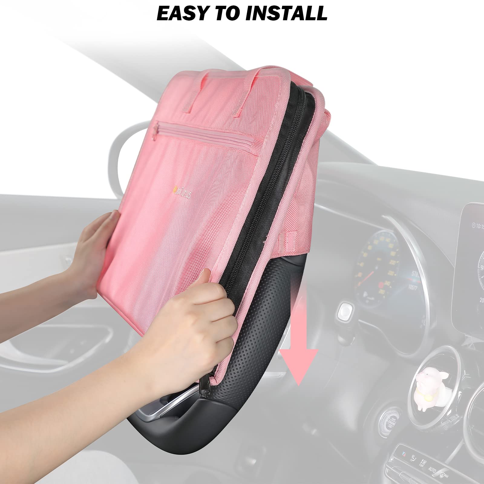 JOYTUTUS 3 in 1 Steering Wheel Eating Tray (Pink), Multifunctional Car Office Bag, Work Table for Writing, Car Organizer for Kid