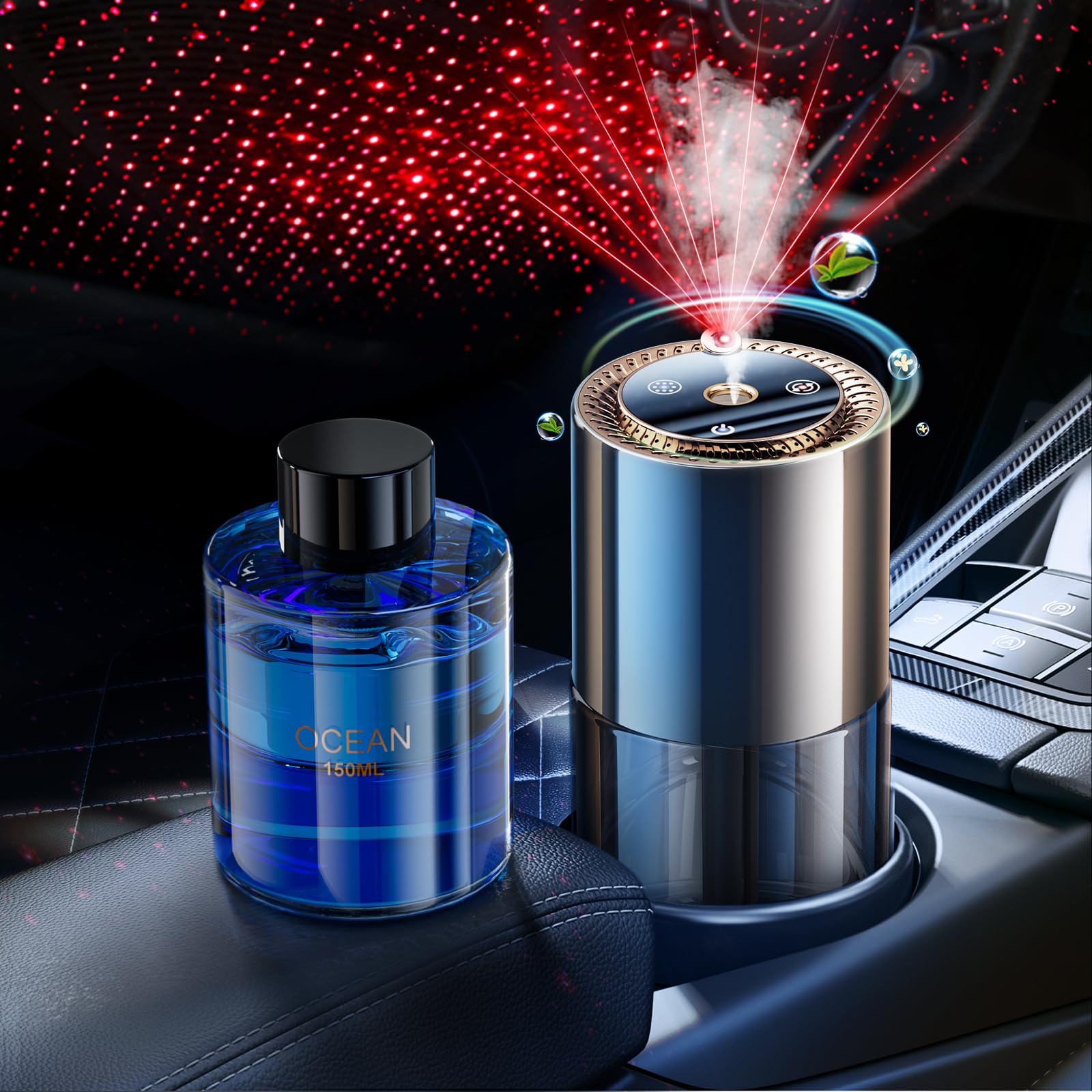 Smart Car Air Freshener,150ML Natural Fragrance Car Scents Air Freshener with Star Projector,300 Days Long Lasting, Car Essentia