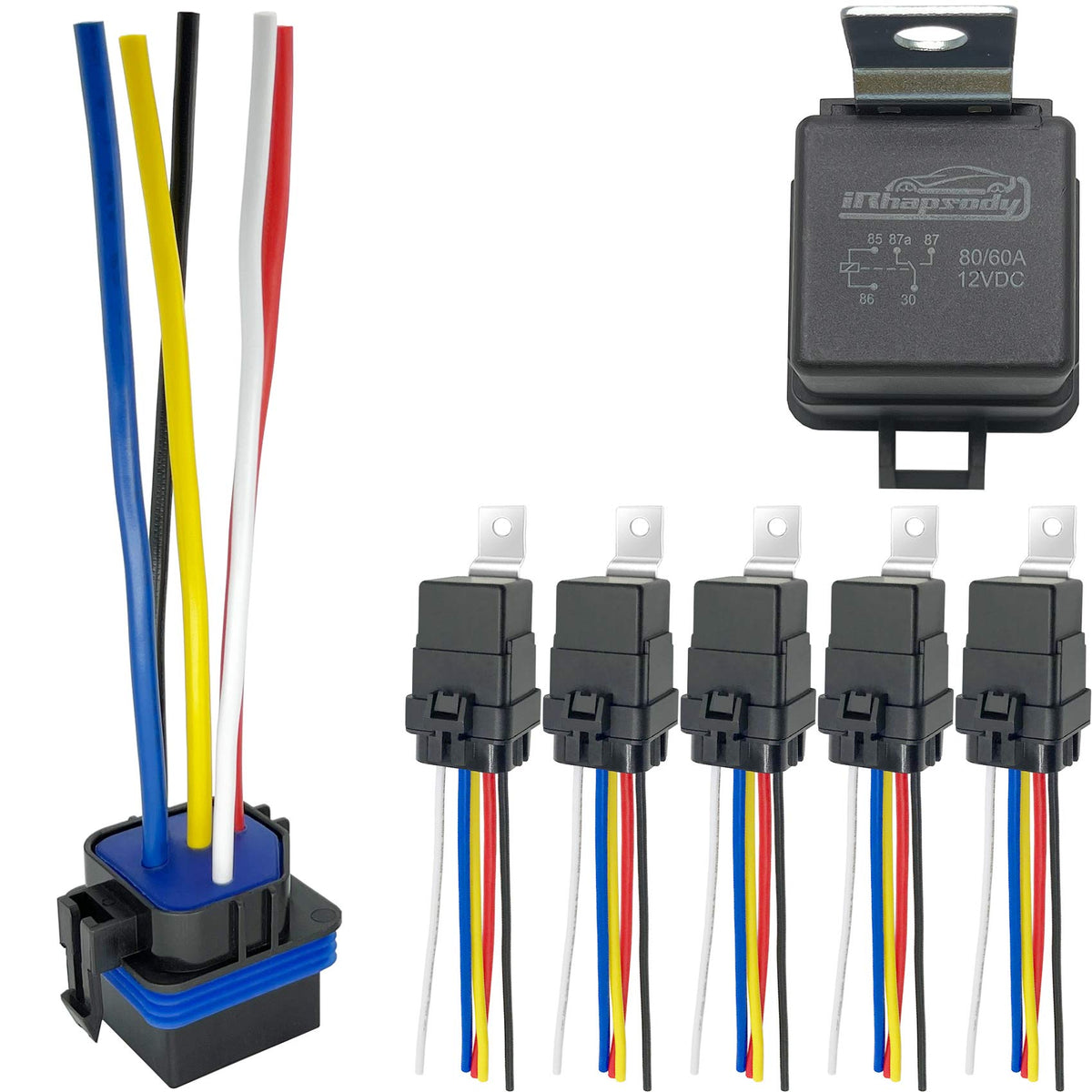 iRhapsody 12V, 80/60A Waterproof Relay, 5 Pin Automotive, SPST 12-Volt Auto Relay with Pigtail