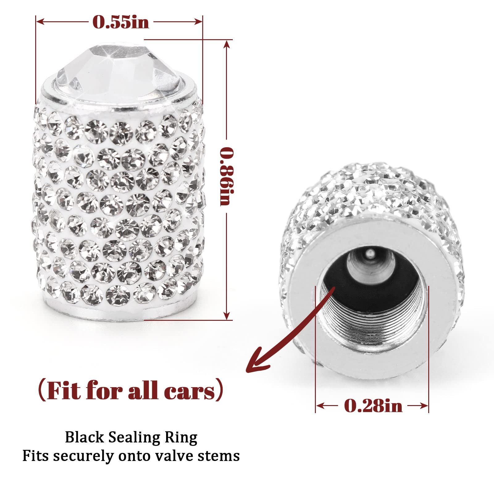 Tobequeen Bling Tire Valve Caps, 4 Pack Handmade Crystal Rhinestone Tire Caps Universal Bling Car Accessories For Women Dustproof Bling Valve Stem Caps Cover For Car/Suv/Motorcycle/Bike(Silver)