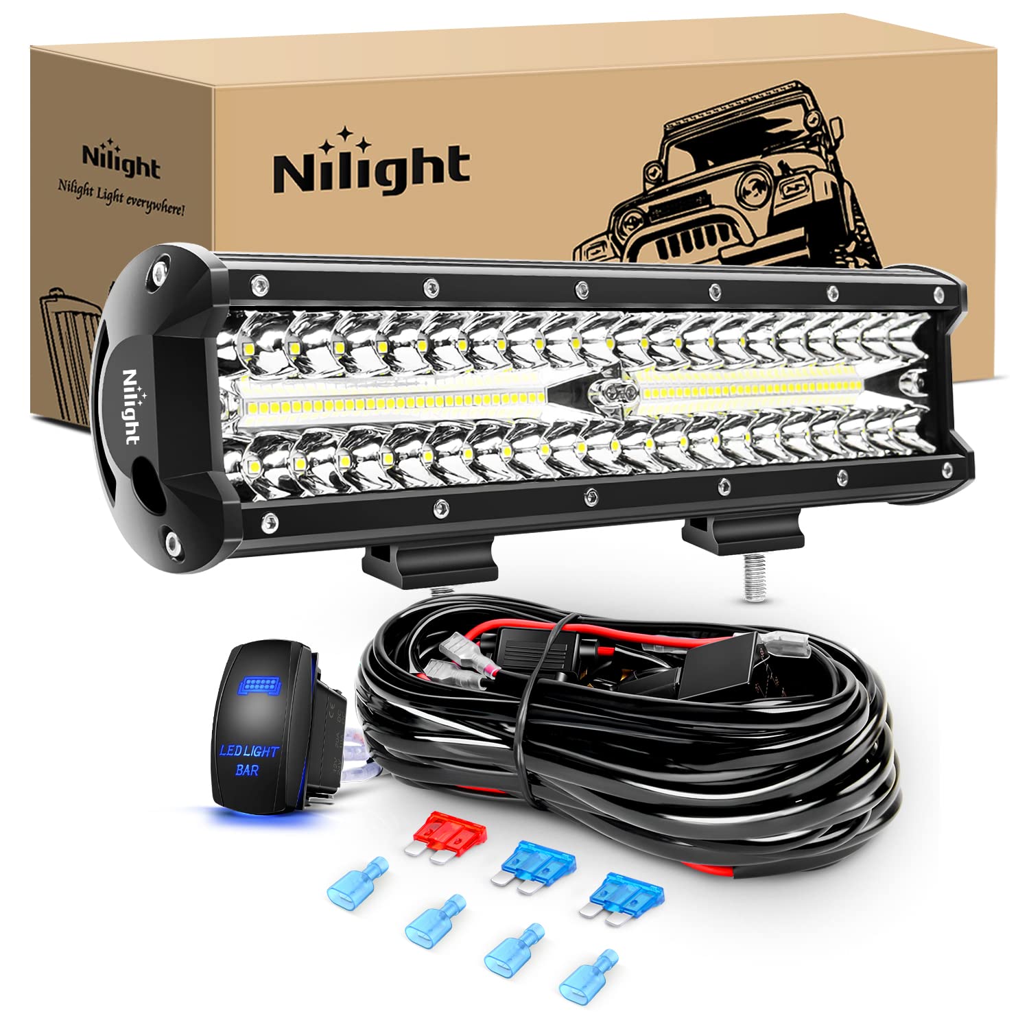 Nilight 12Inch 300W Triple Row Flood Spot Combo 30000Lm Driving Boat Led Off Road Lights 16Awg Wiring Harness Kit-One Lead For T