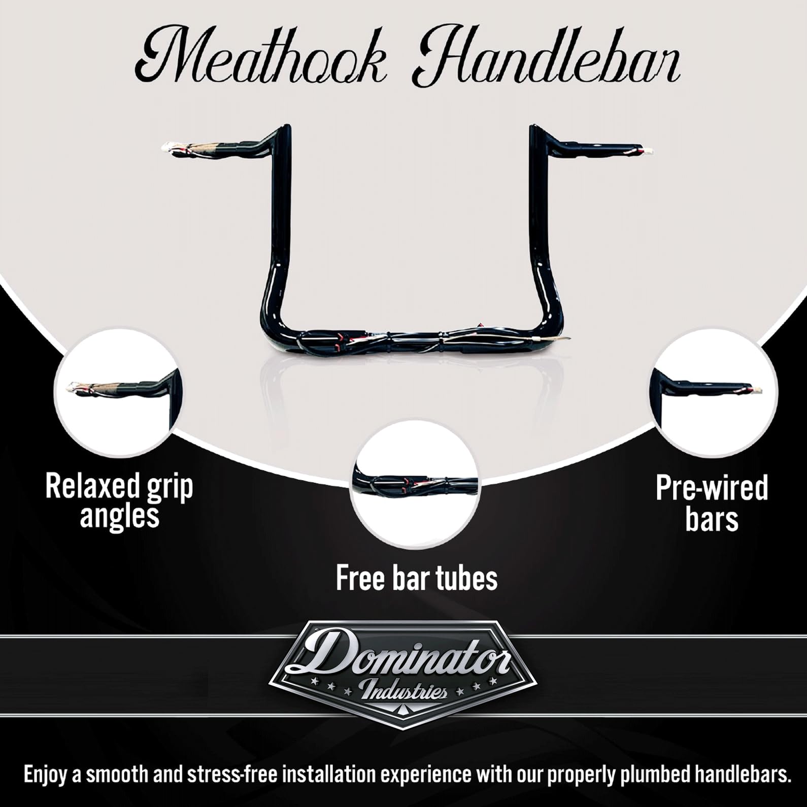 Dominator Industries 1 1/4' Pre-Wired 12' Meathook Bar Ape Hangers Handlebars For 2014-2023 Harley-Davidson Bagger Touring Electra & Street Glide, Special, Ultra Limited, Low (Gloss Black)
