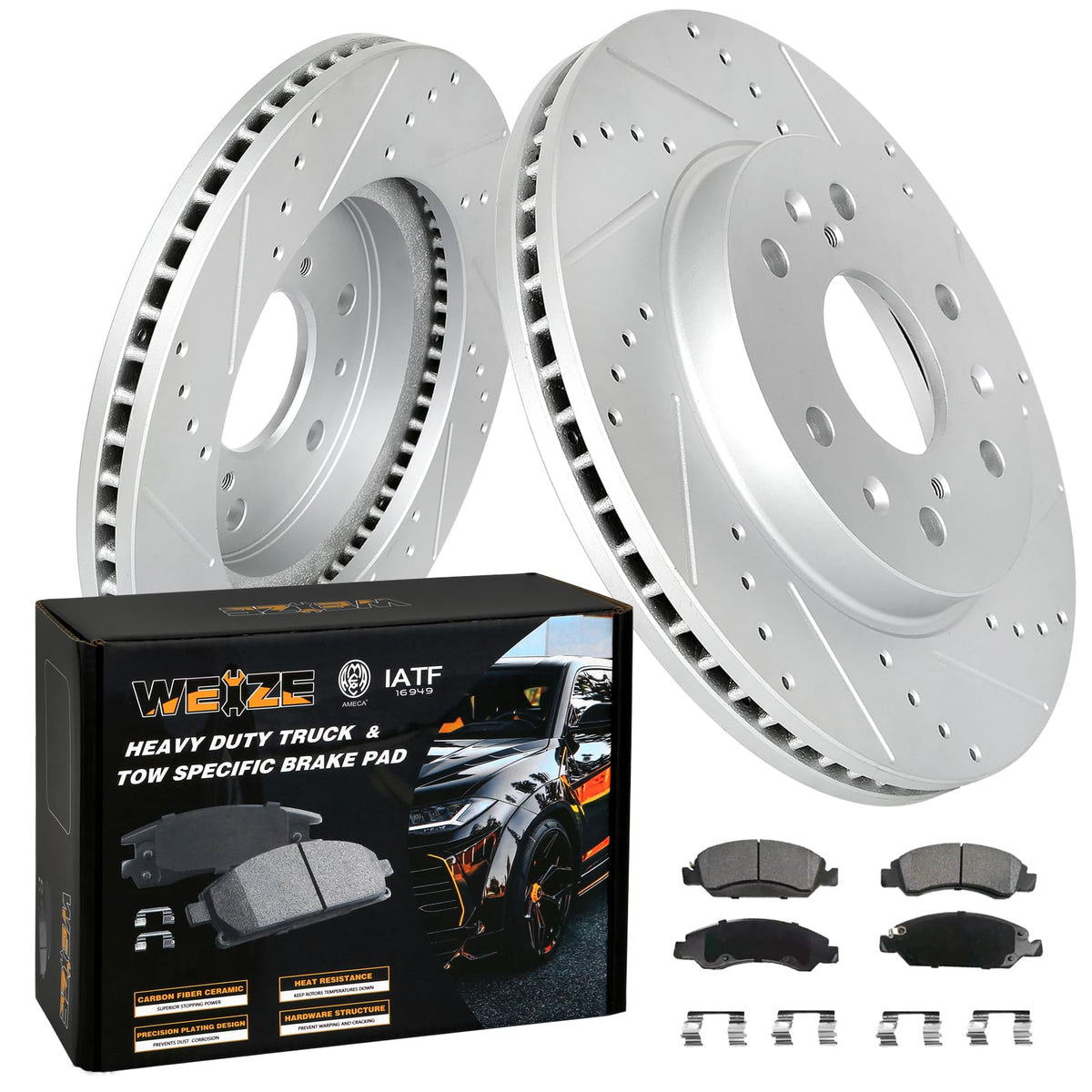 WEIZE Front Disc Brake Pads and Rotors Kit for Truck & Tow, with Carbon-Fiber Ceramic Brake Pads, Fit for Chevy Silverado Suburb