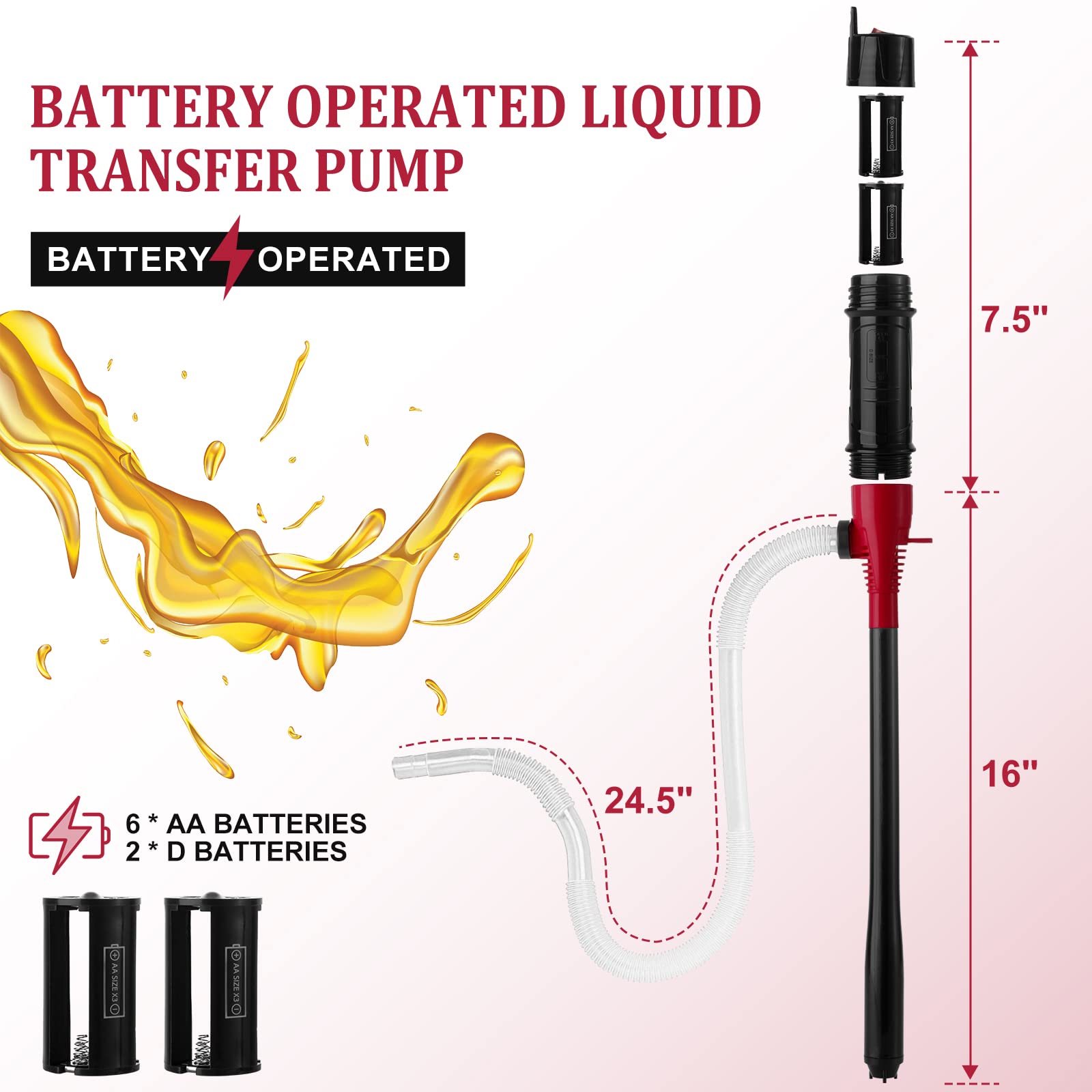 Boyisen Battery Operated Liquid Transfer Pump - Electric Water Fuel Transfer Pump For Gasoline Diesel Oil, 2.2 Gallons Per Min, Battery Power Siphon Pump